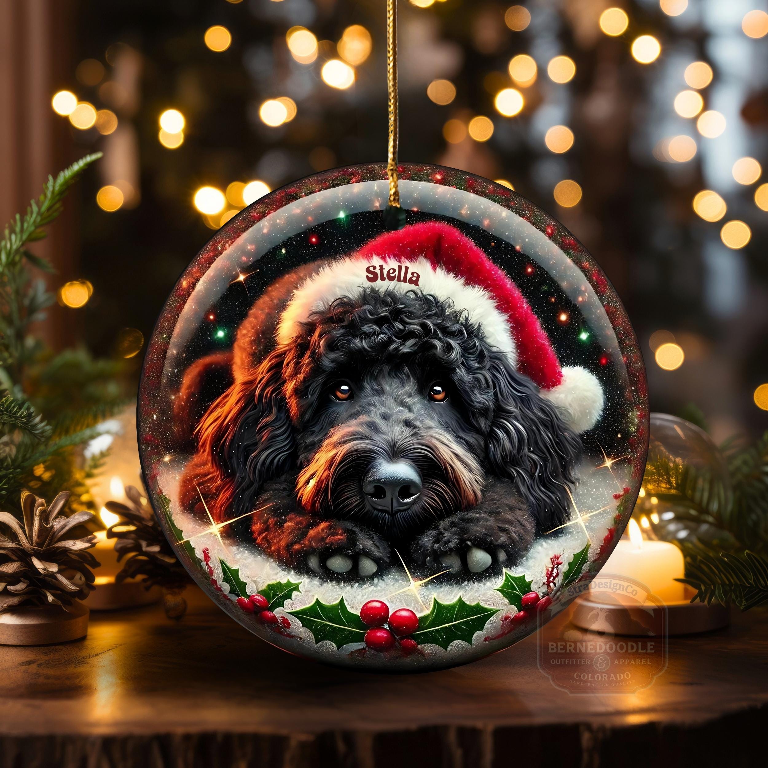 Personalized Black Doodle Dog Christmas Ornament - Two-Sided Ceramic Heirloom