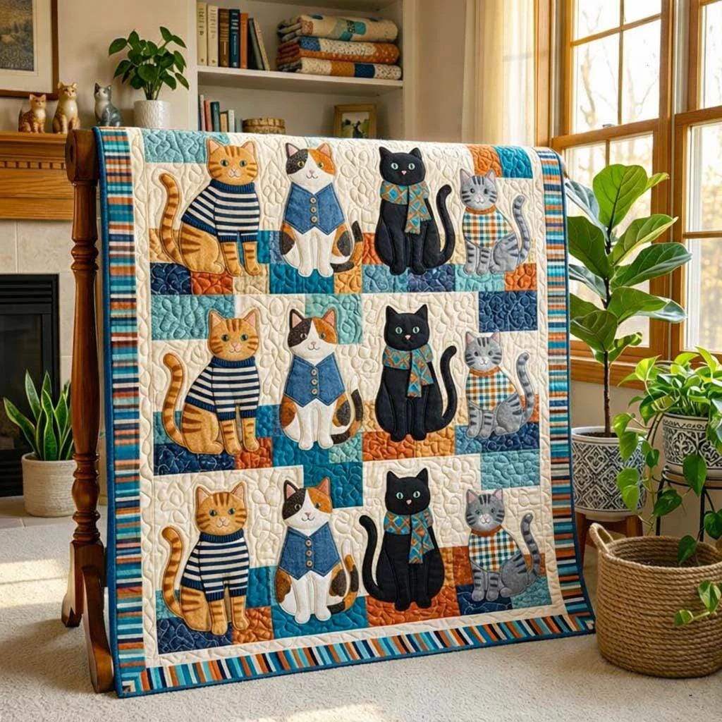 Cute Cat Quilt Blanket, Cartoon Kitty Patchwork, Cozy Pet Bedding, Farmhouse Quilt Decor