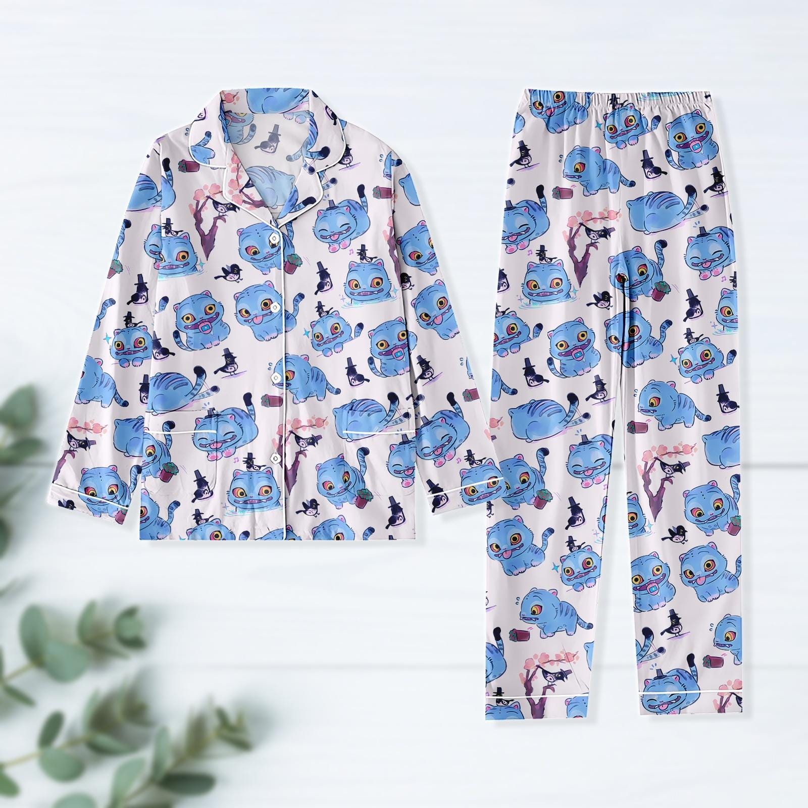 Kpop Demon Hunter Thick Pajama Set, Blue Cat Long Sleeve PJs, Netflix Series Sleepwear, Gift for Webtoon Fans