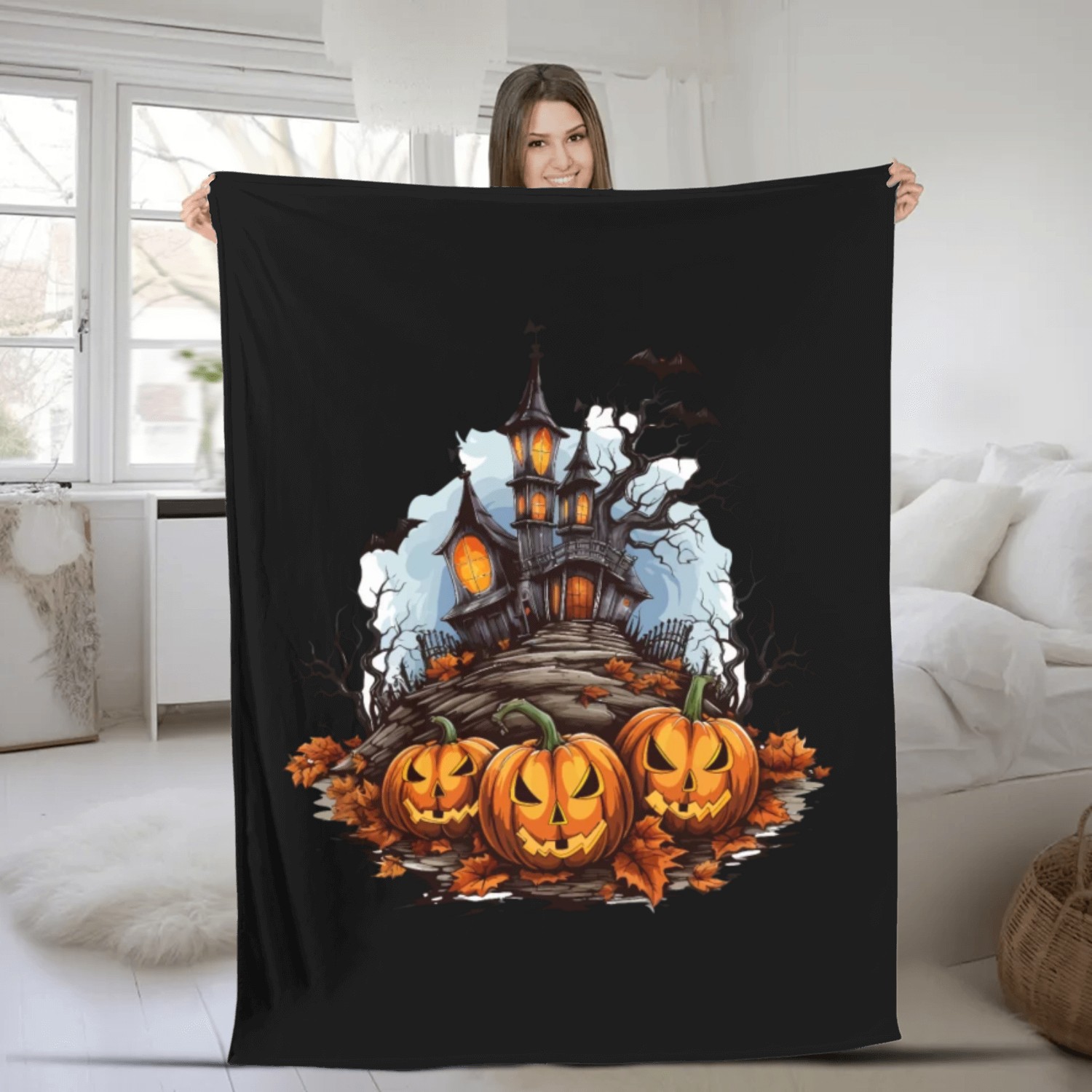 Halloween Pumpkin Bat Spell Haunted House Fleece Blankets