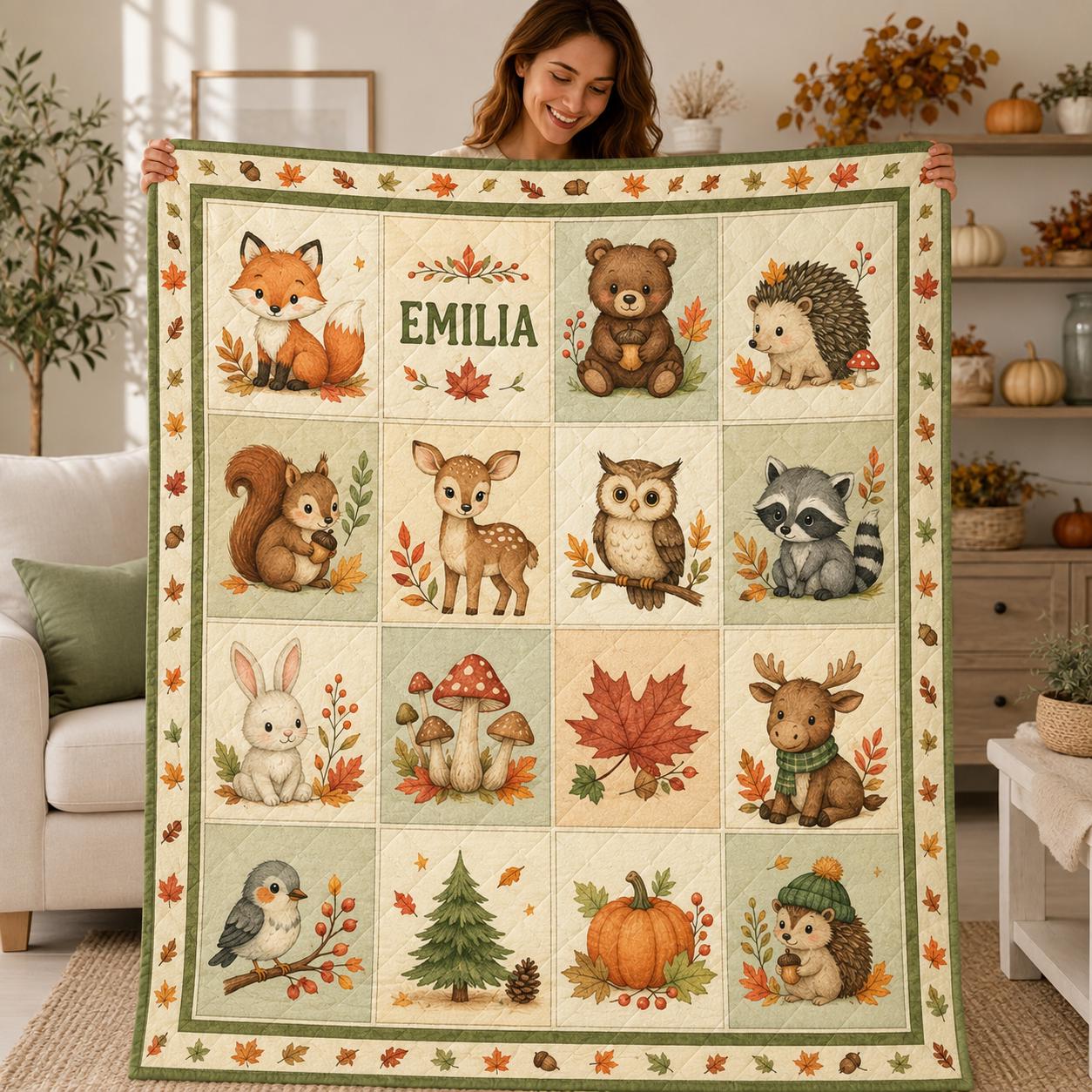 Personalized Woodland Animal Baby Quilt, Custom Name Nursery Blanket, Forest Friends Crib Quilt