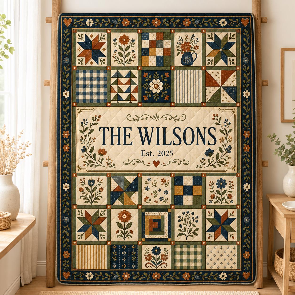 Personalized Family Name Quilt Blanket, Custom Established Date Patchwork Throw, Rustic Floral Housewarming Quilt