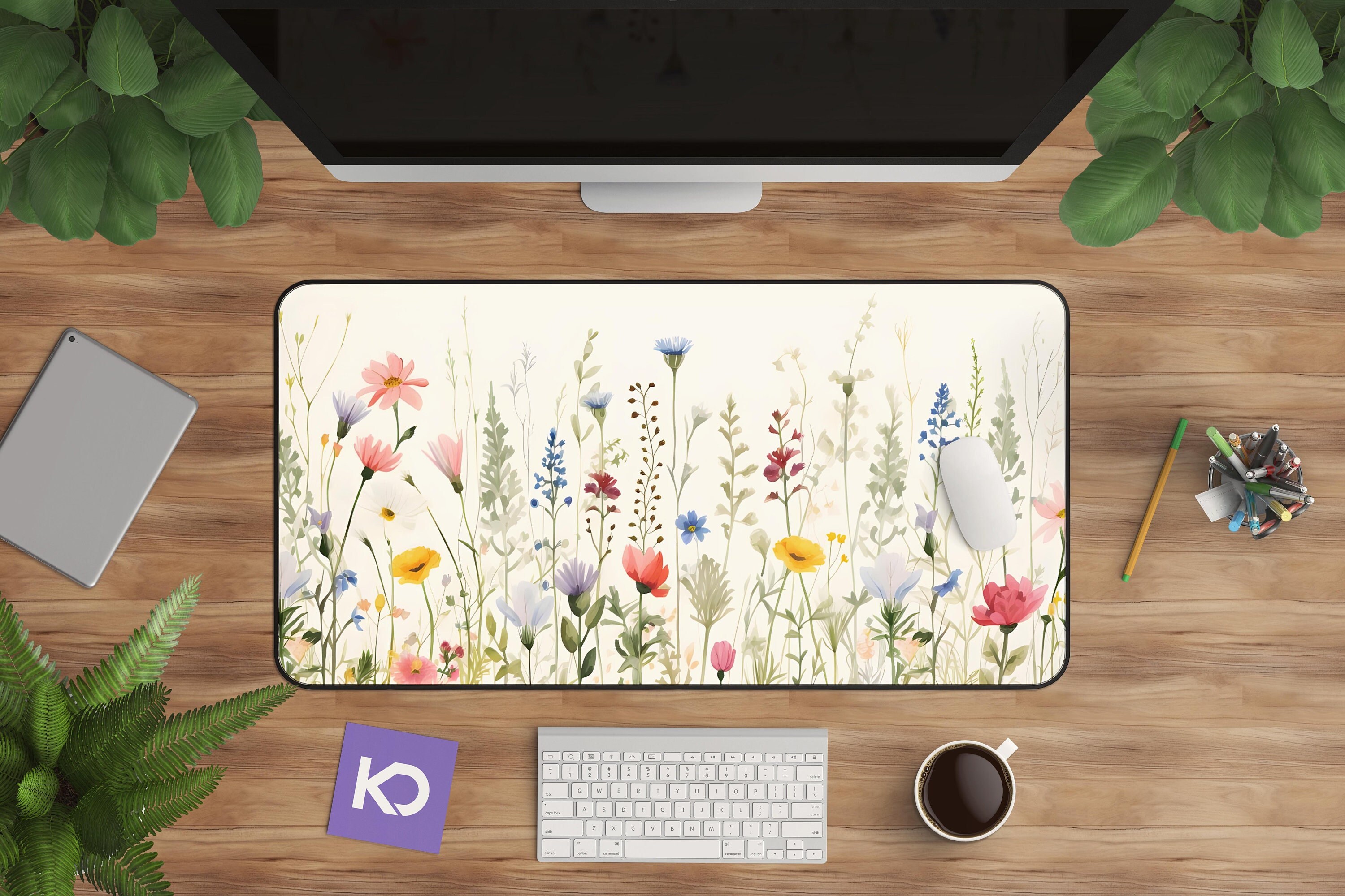Cottagecore Floral Desk Mat - Watercolor Extended Mousepad with Vintage Botanical Design