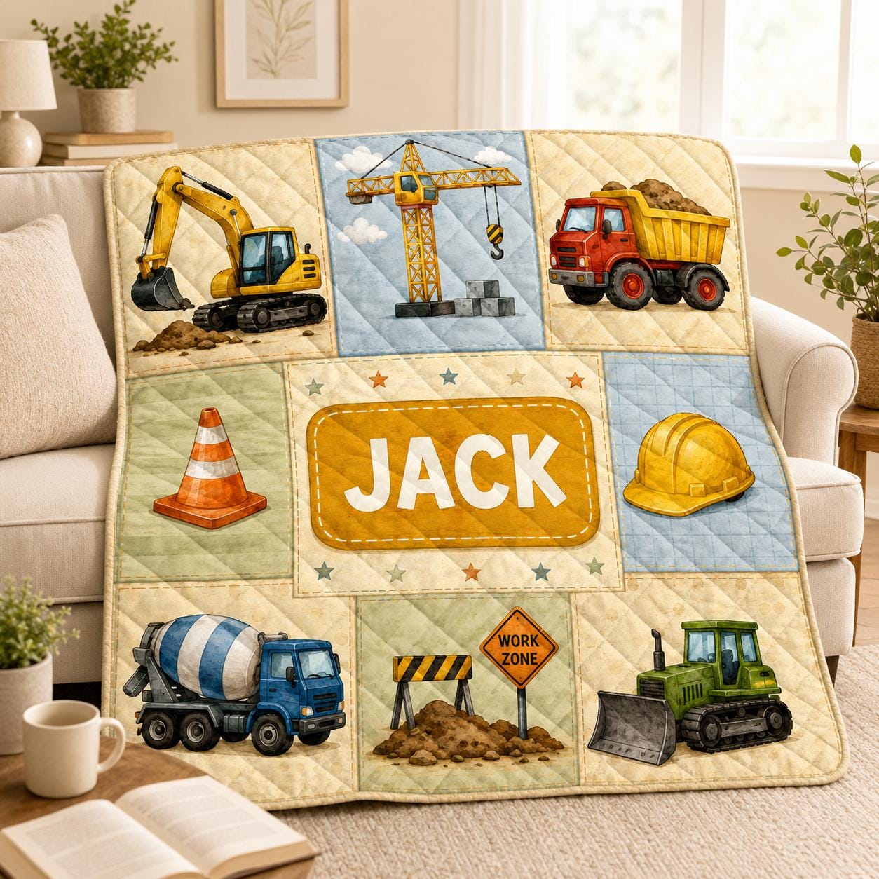 Personalized Construction Truck Quilt Blanket, Custom Name Nursery Blanket for Boys