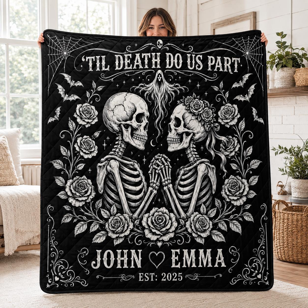 Personalized Gothic Skeleton Quilt, Custom Couple Names and Wedding Date