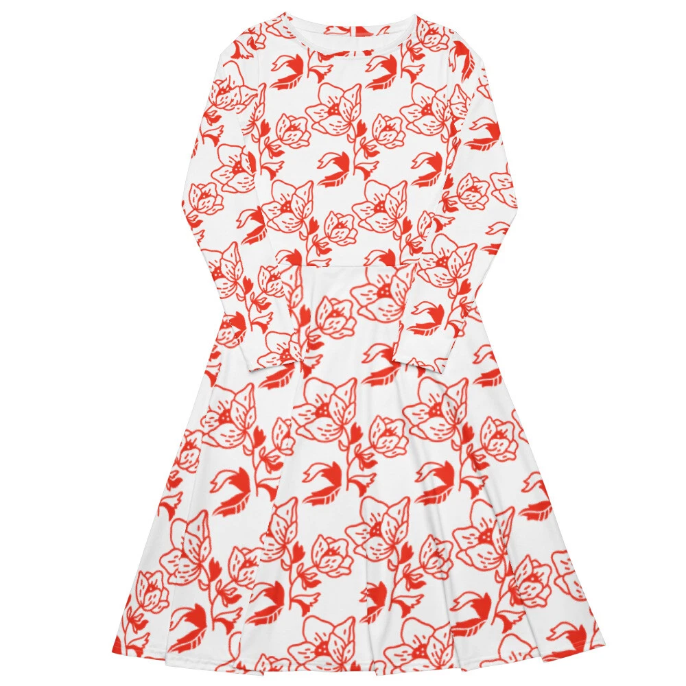 All-Over Print Long Sleeve Midi Dress for Women