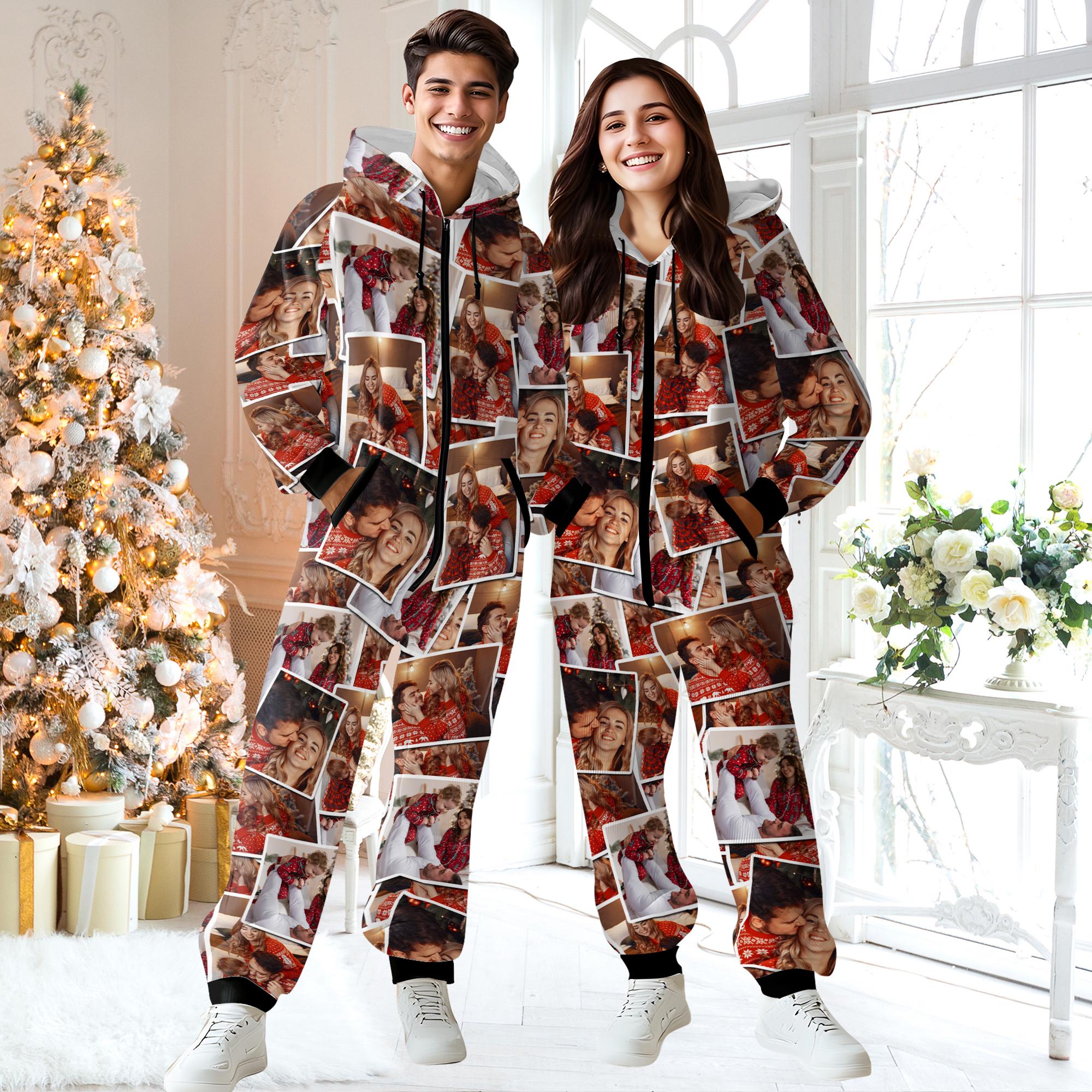 Custom Onesie Pajamas,Personalized Face Photo Flannel Fleece Pajamas,Custom Family Photo Pajamas,Hooded Onesie Jumpsuits,Christmas Gifts