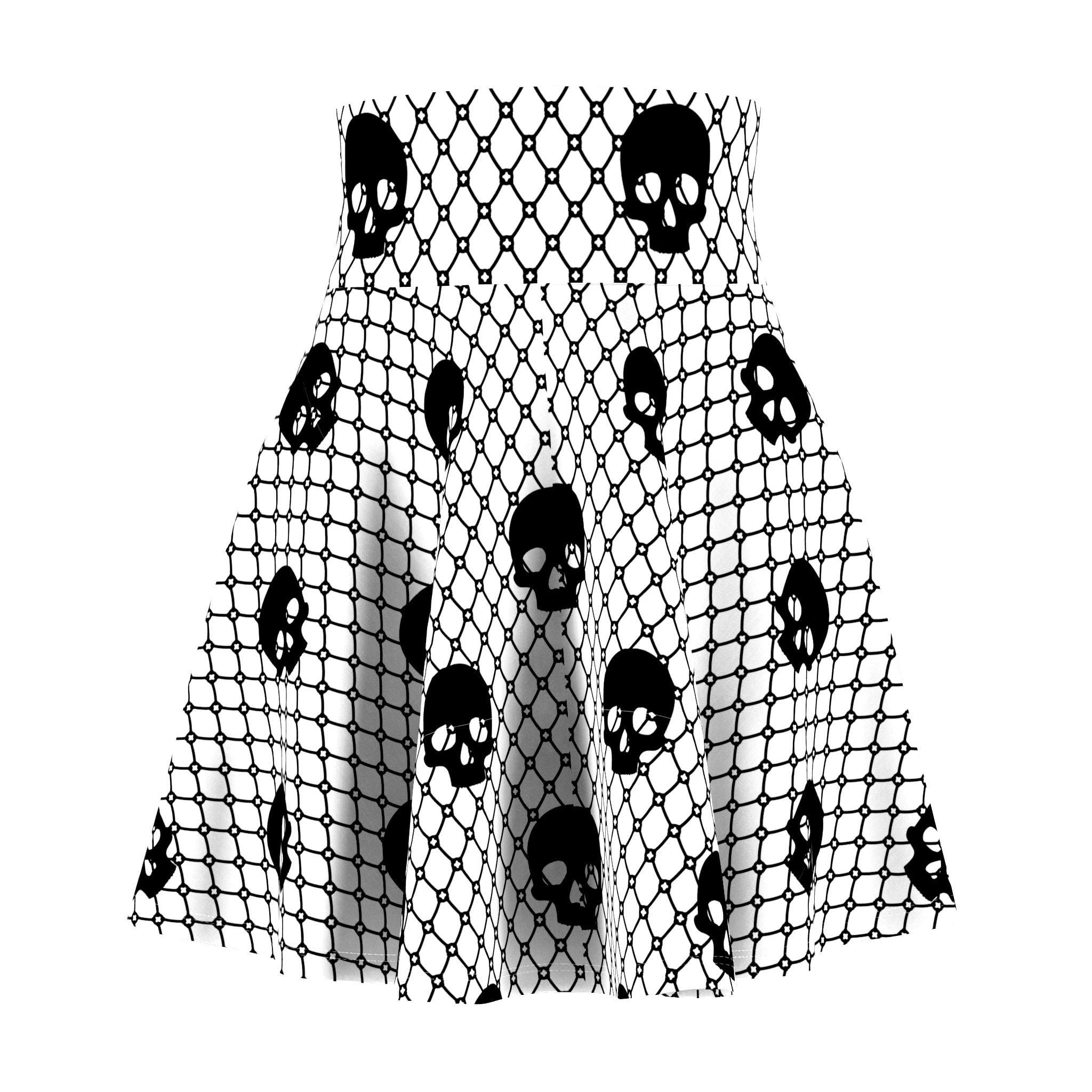 Skull Circle Skirt, Plus Size Goth, High Waisted Alt Skater Skirt, White and Black Gothic Women's Clothing