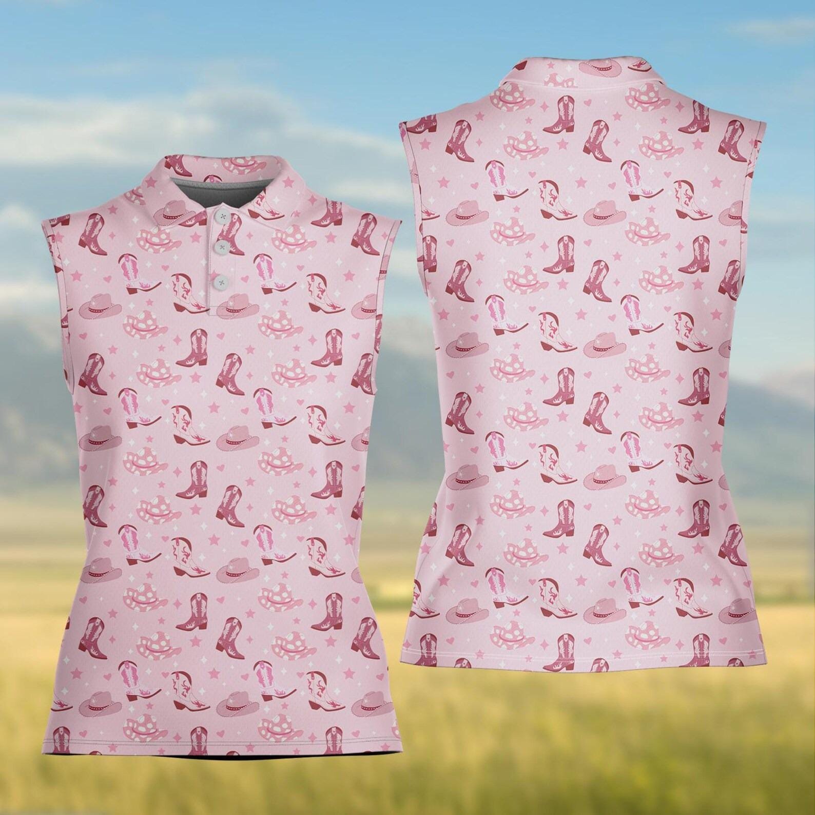 Pink Cowgirl Sleeveless Polo Shirt for Women with Western Cowboy Boots Pattern Summer Country Club Top