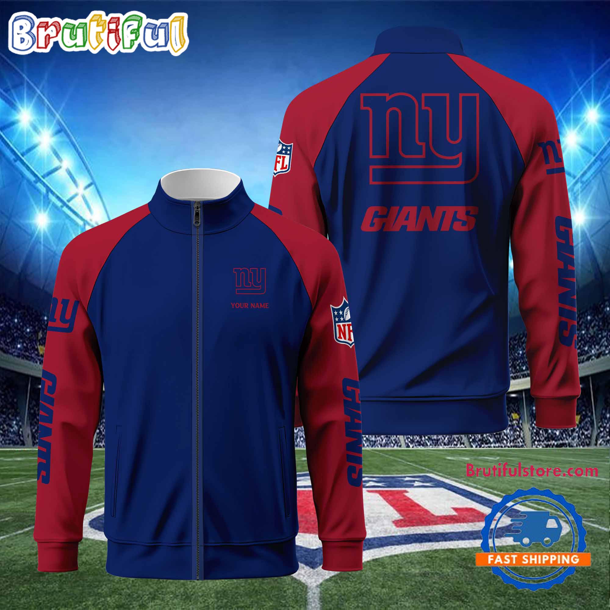 New York Giants Football Team Custom Name Standing Neck Zipper Jacket