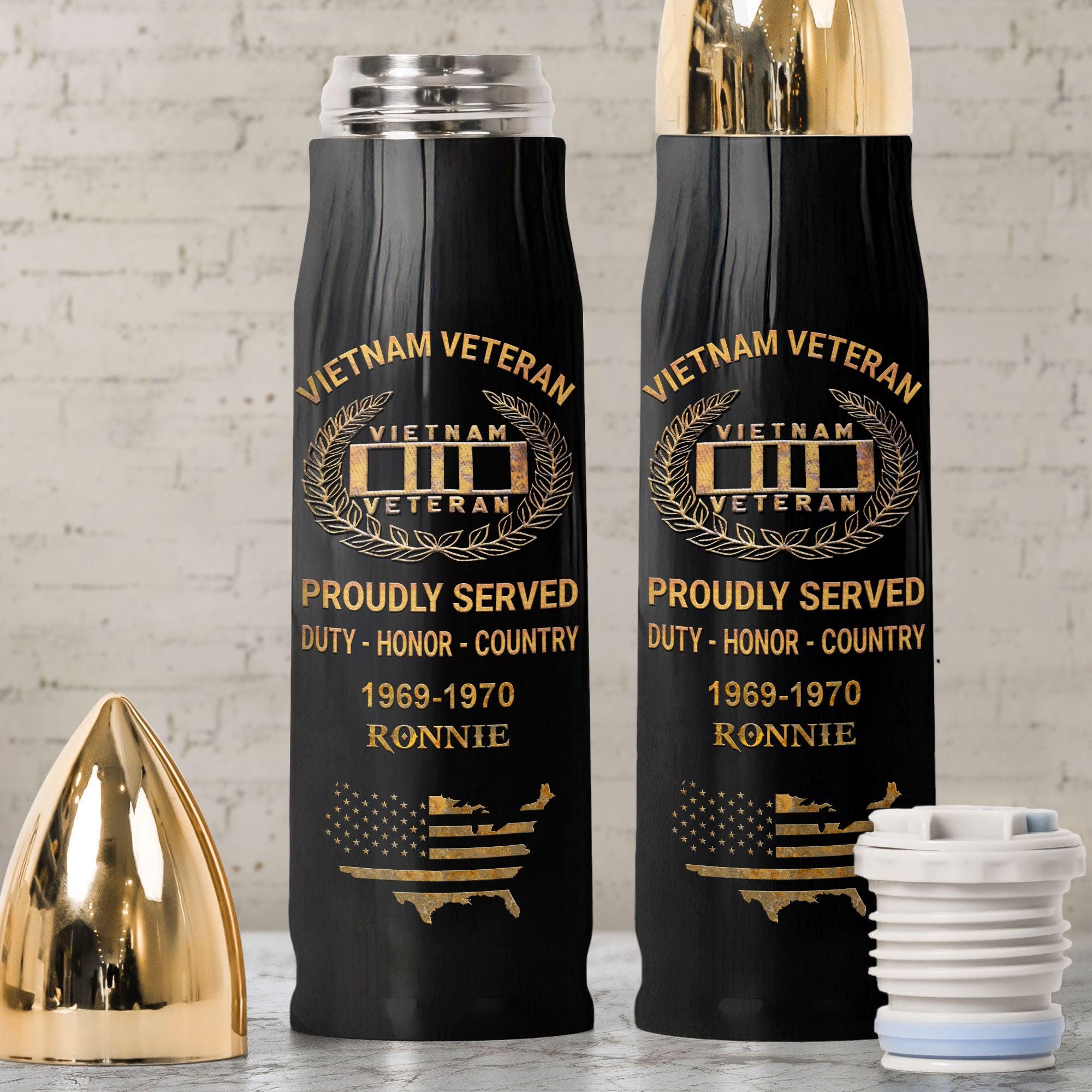 Personalized Vietnam Veteran, Proudly Served, Duty - Honor - Country Bullet Tumbler