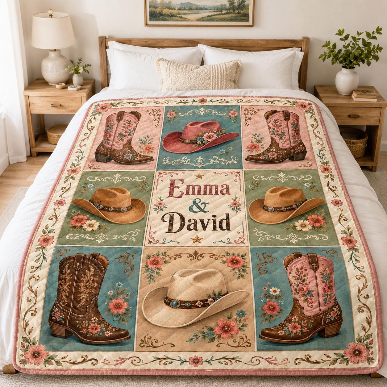 Personalized Western Quilt Blanket, Custom Couple Name Cowboy Throw, Floral Quilt for Ranch Wedding