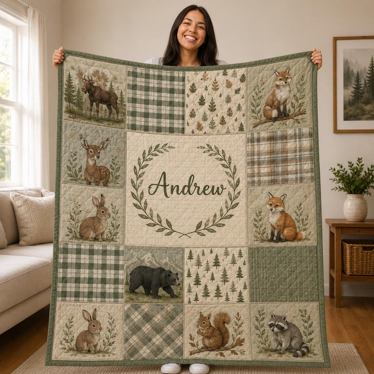 Personalized Woodland Animal Quilt Blanket for Kids, Custom Name Forest Nursery, Rustic Plaid Baby Blanket