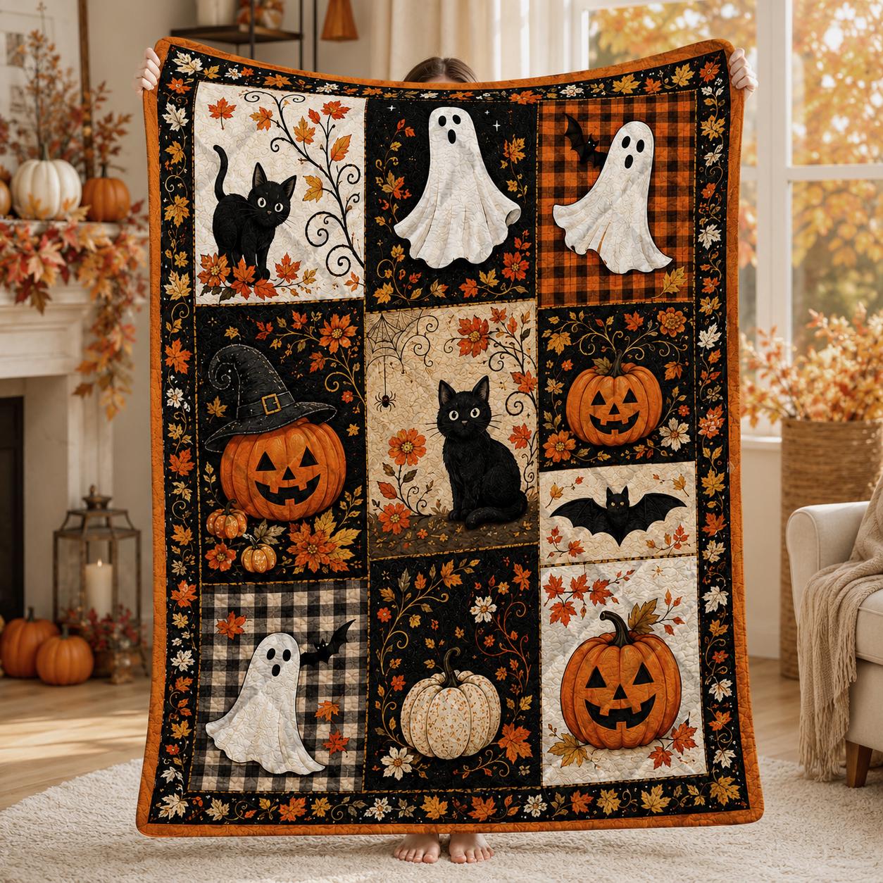 Halloween Patchwork Quilt, Floral Spooky Cute Ghost Pumpkin Throw, Gothic Black Cat Lover Gift, Haunted House Bedding, Cozy Fall Blanket