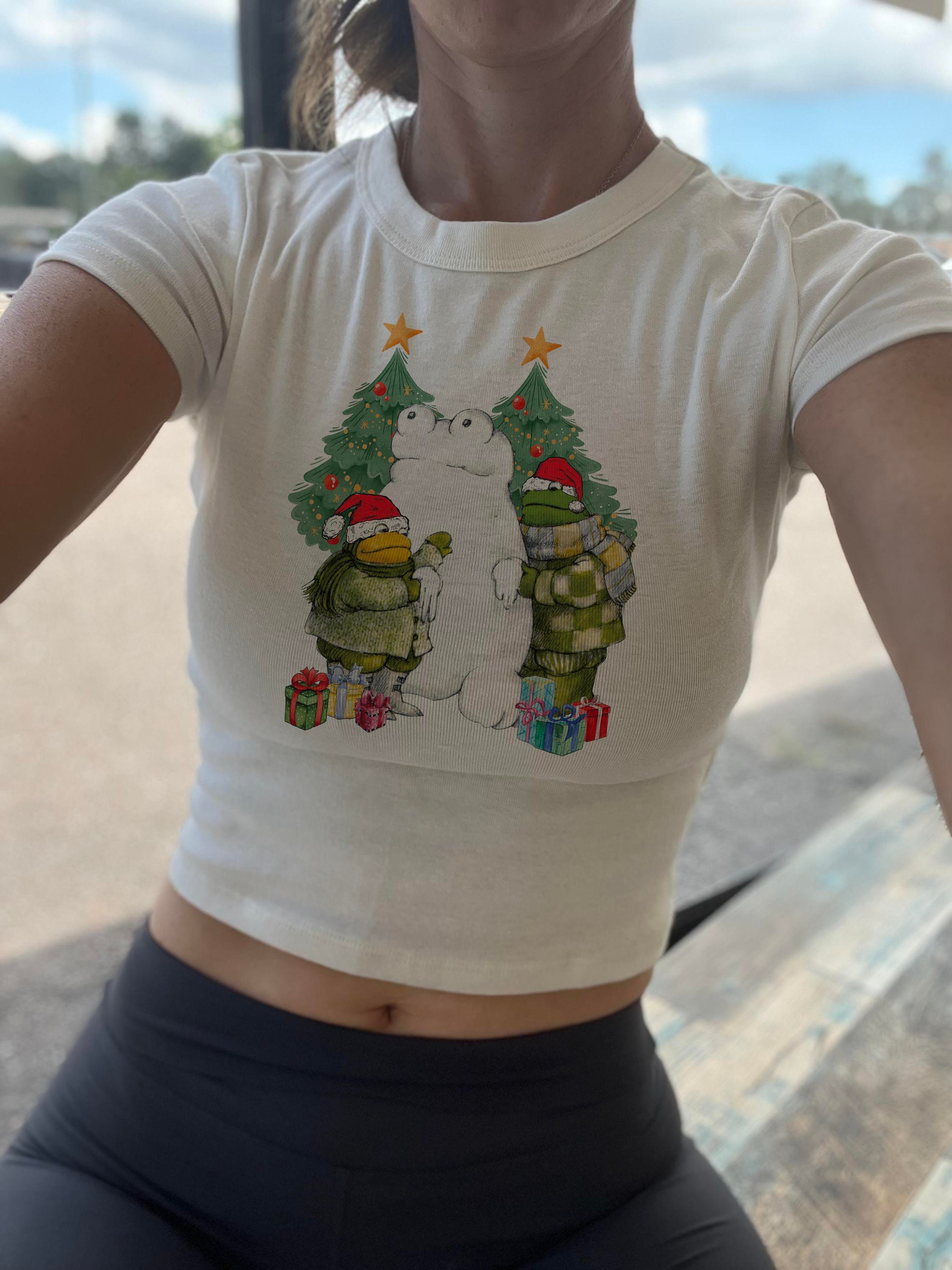 Frog Christmas Baby tee, Christmas Tree Santa frog Crop Tank, Black Christmas Womens Crop, Presents, Crop gift
