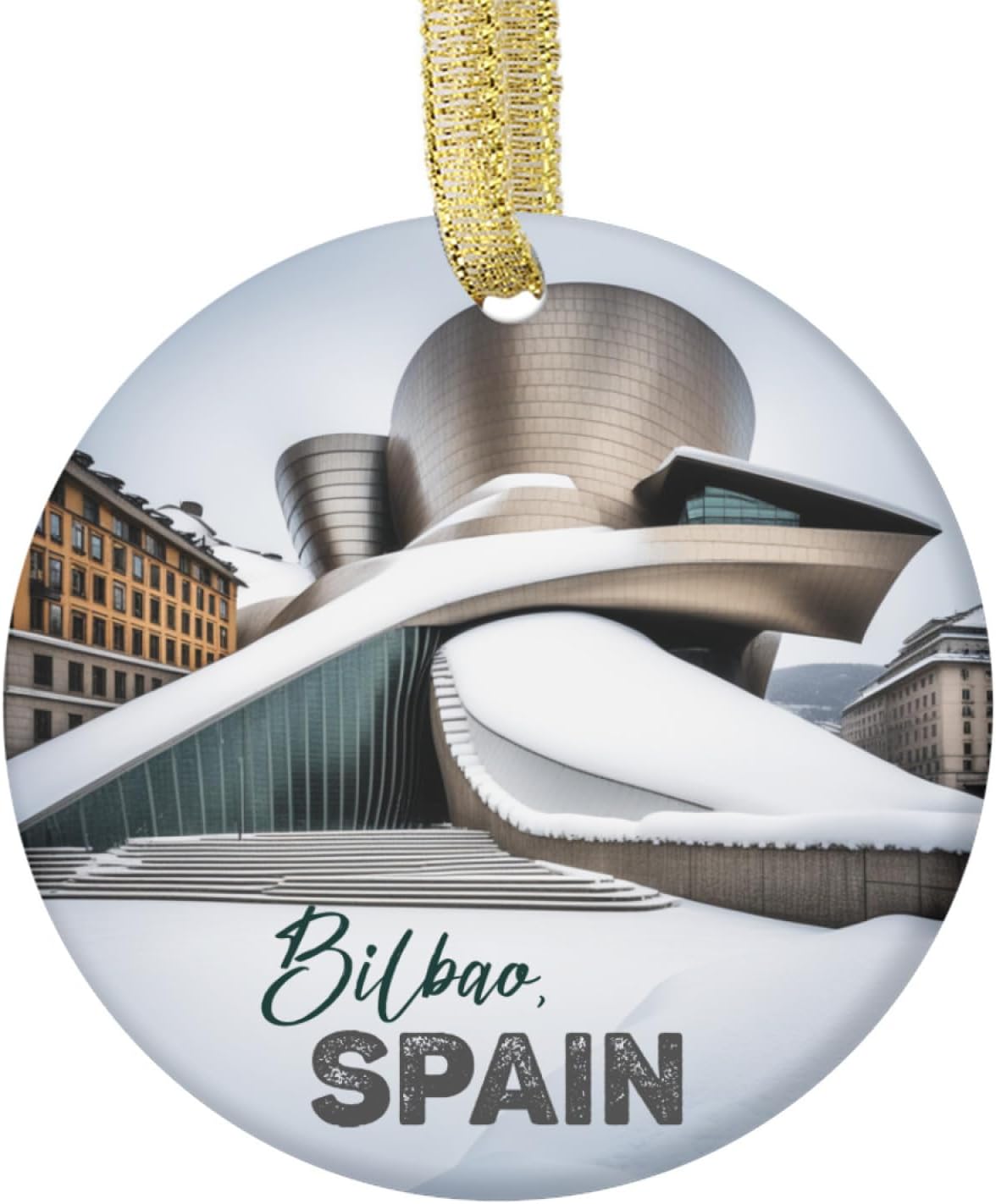 Double Sided Ceramic Hanging Christmas Tree Ornament Travel of Guggenheim Bilbao Spain Museum in Snow - Souvenir Christmas Xmas Holiday Ornaments Tree Decorations 01