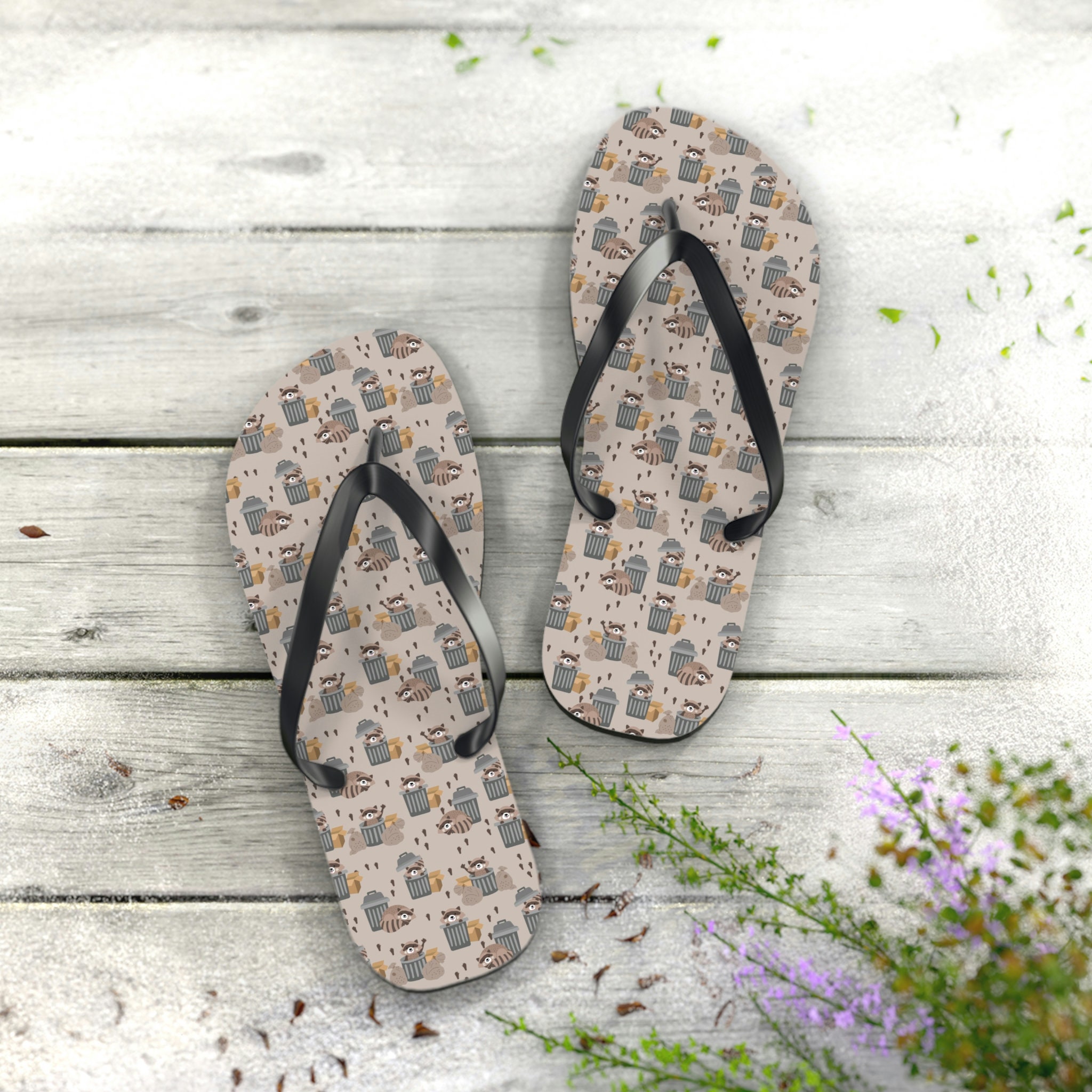 Trash Pandas Raccoon Print Flip Flops - beach sandals, shower shoes, casual footwear, poolside