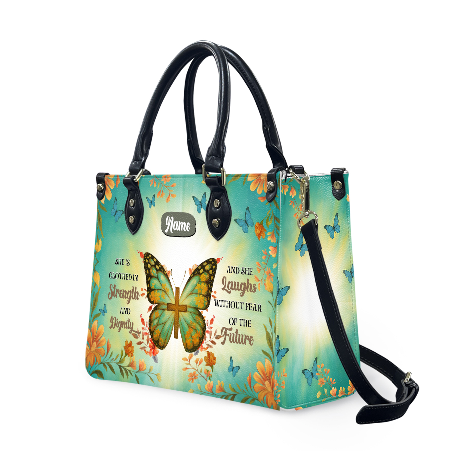 Custom Name Christian Leather Handbag - Faith Butterfly Bag, Bible Verse, Cross, Personalized Religious Gift for Women, Mom, Jesus Lovers.