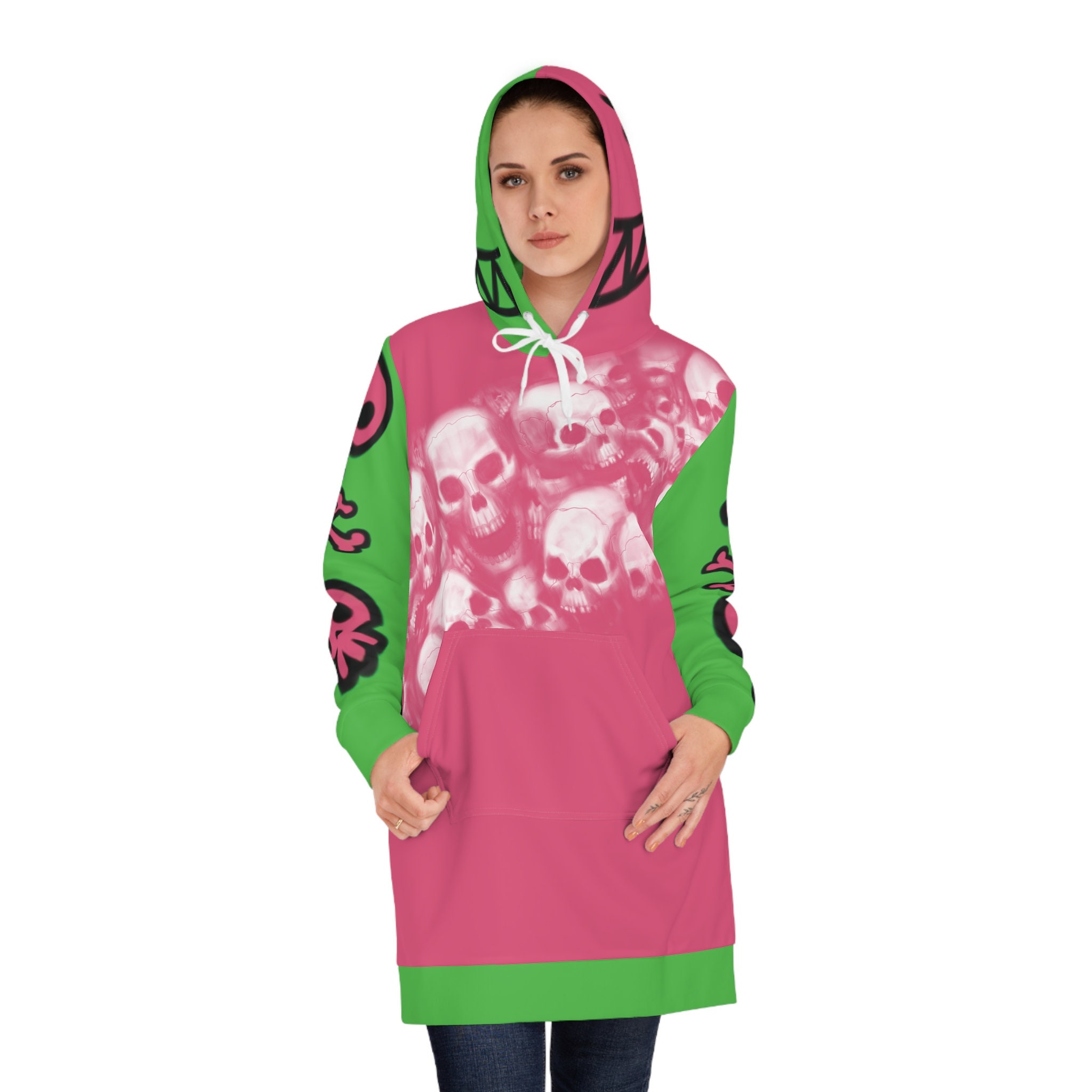 Pink Pastel Goth Hoodie Dress with Skulls | Pink and Green Tones | Gift for Her