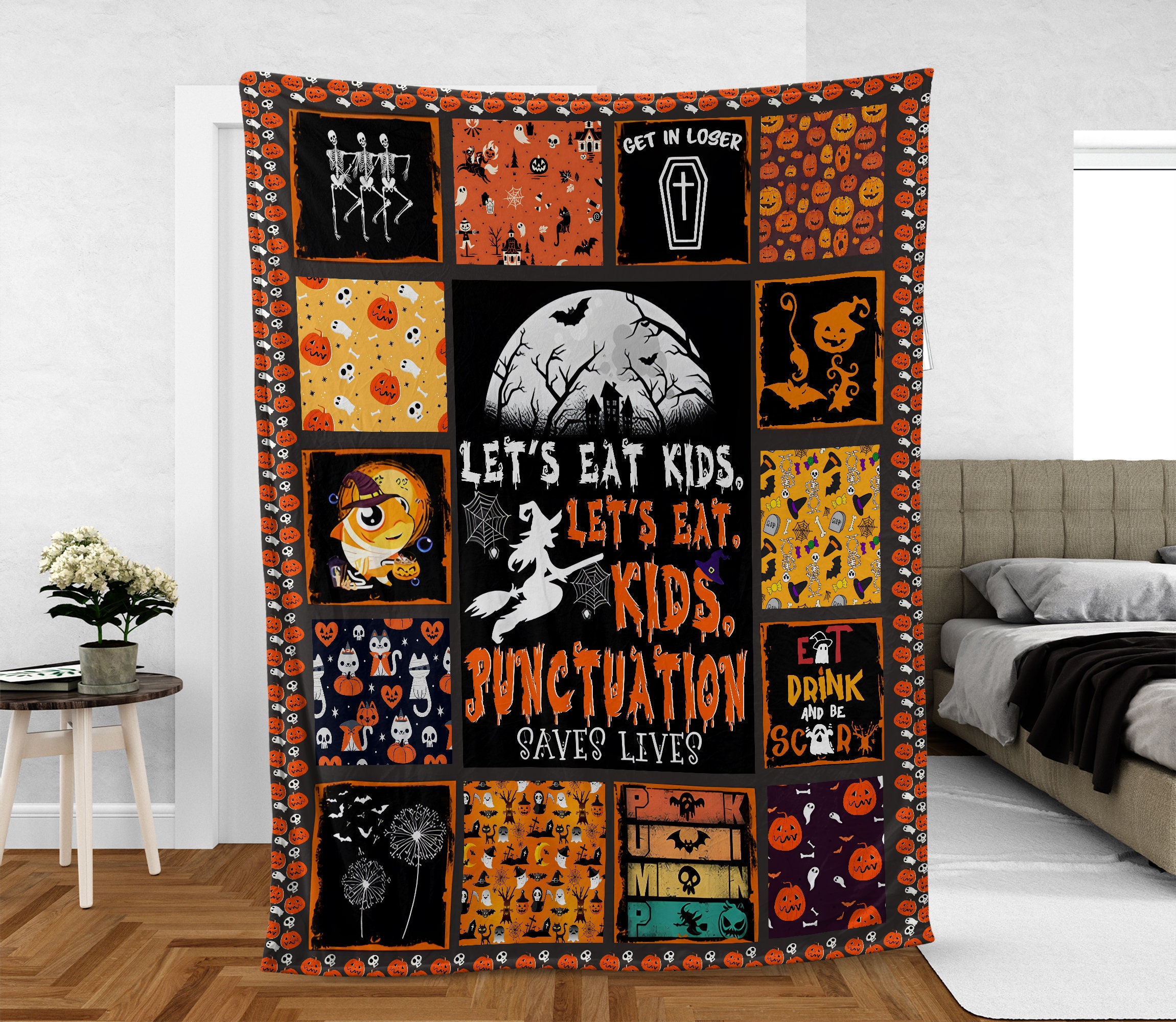 Vintage Retro Black Witch Halloween Blanket, Spooky Season Pumpkin Woven Wall Tapestry, Halloween watching movie Woven blanket