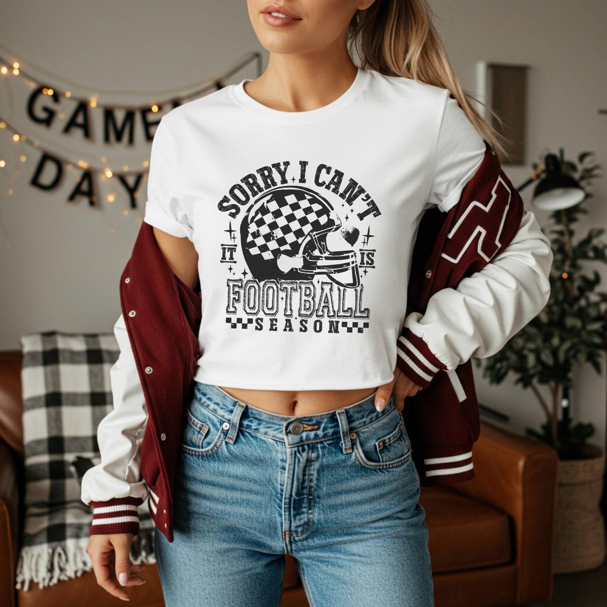 Football Cropped Tee: "Sorry I Can't, It's Football Season" - Raw Hem