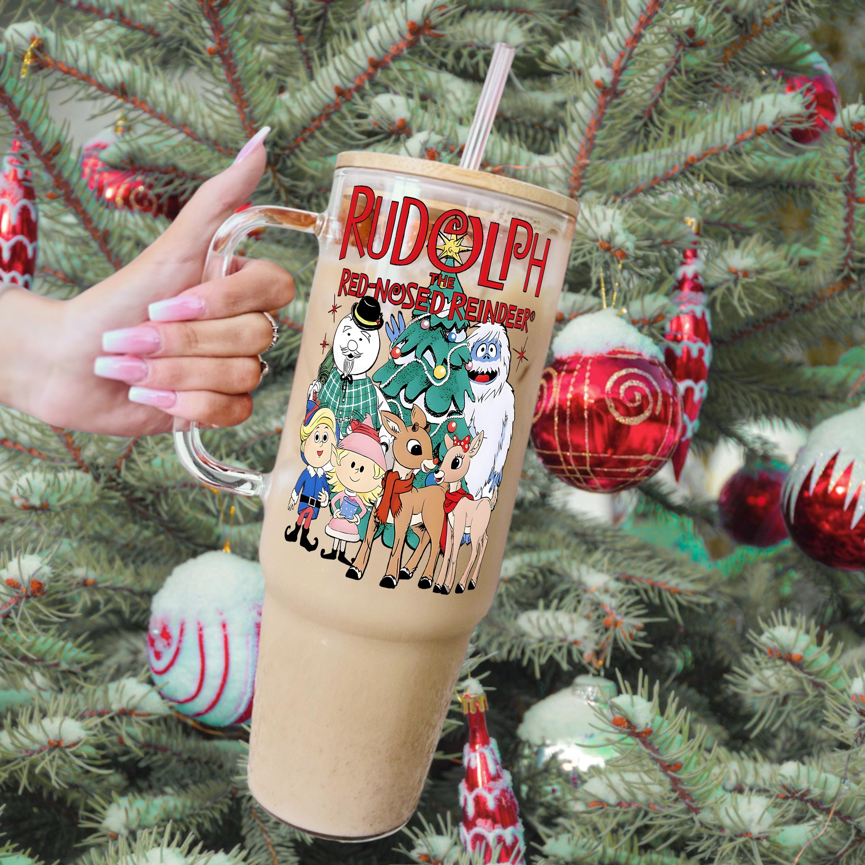 Rudolph Christmas Glass Tumbler Sipper Glass Cups, 40oz Glass Cup With Lid and Straw, Iced Coffee Cup, Red Nosed Reindeer Gift Mug