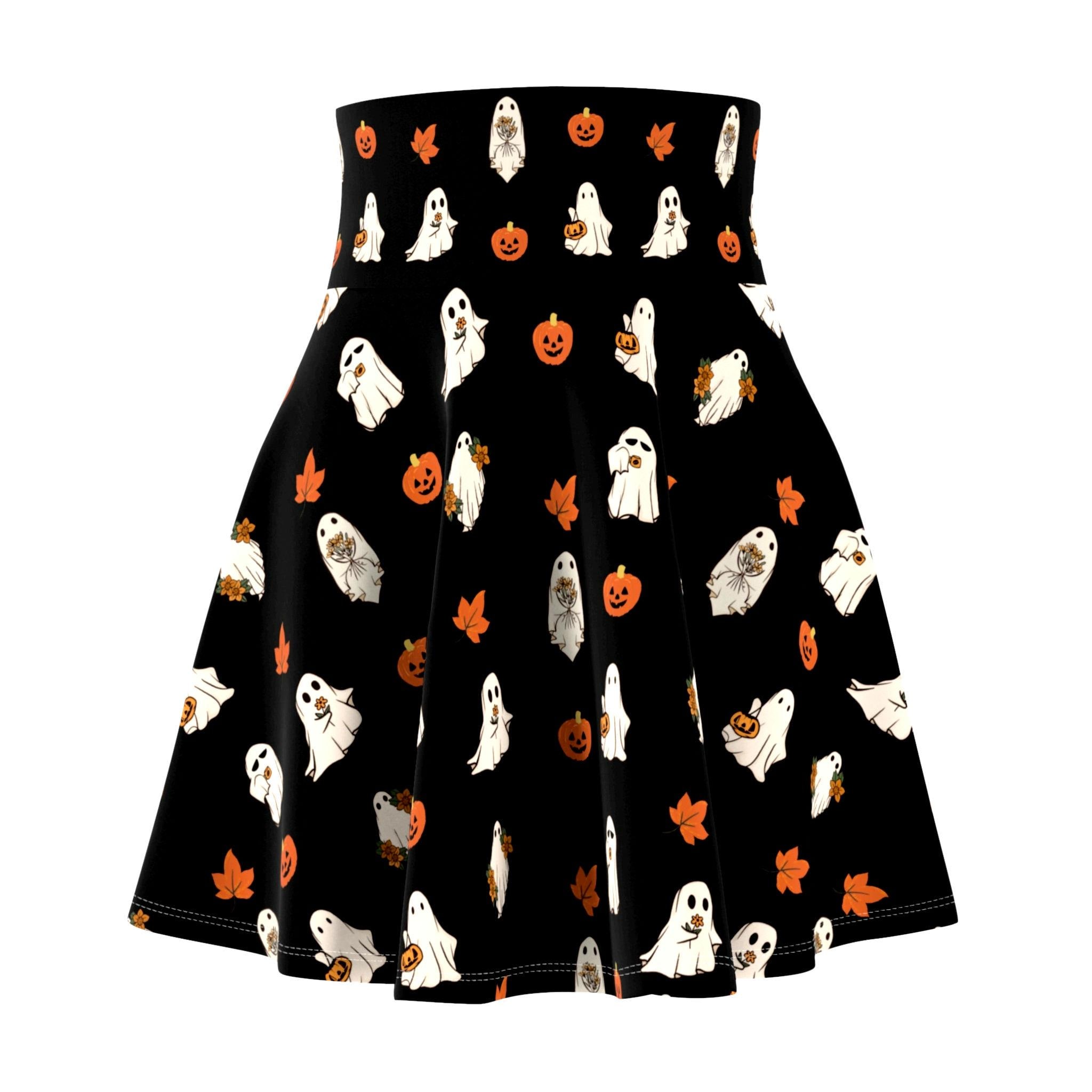 Halloween Skirt, Women's Circle Skater Skirt with Ghosts Print, High Waisted with Elastic Band, Women's Spooky Season Halloween Clothing
