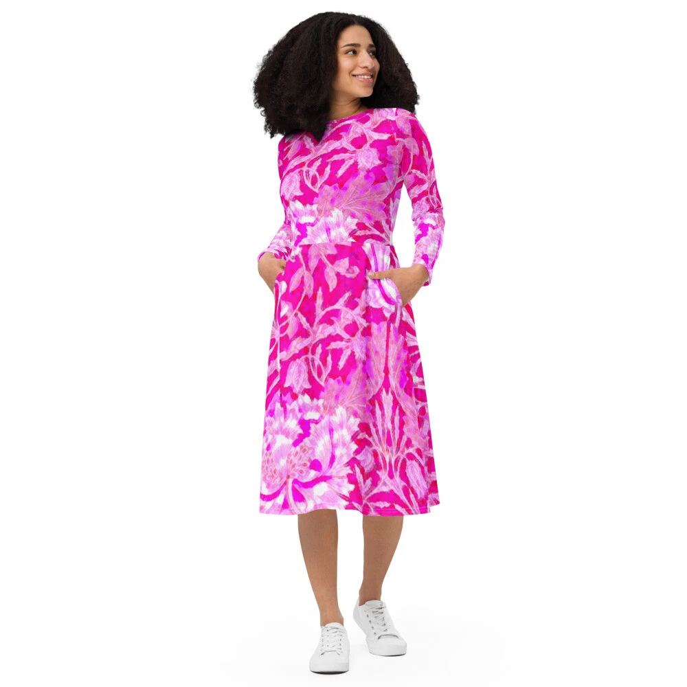 Pink Honrysuckle Midi Dress with All-Over Print Long Sleeves