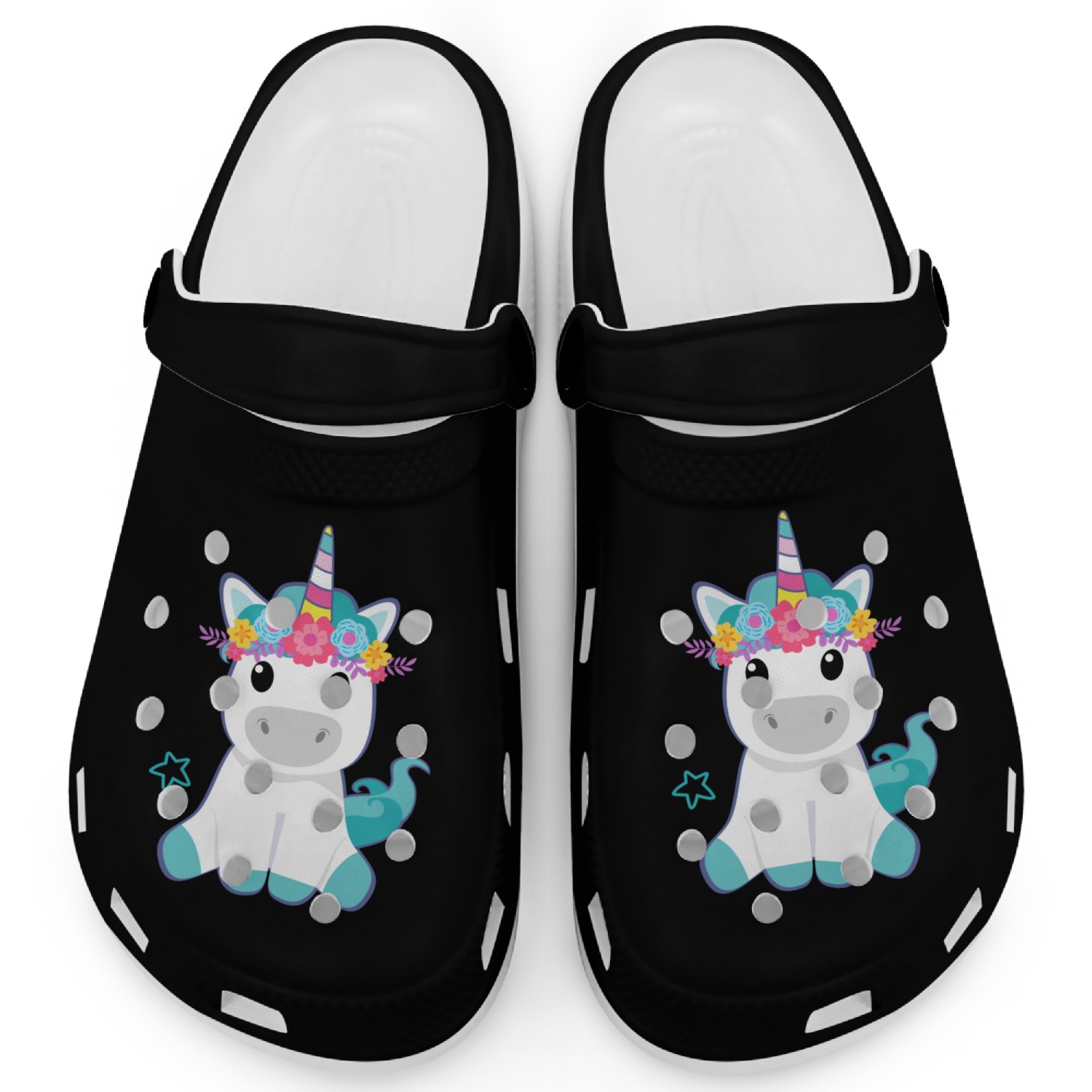 Unicorn With Colorful Flowers Clogs