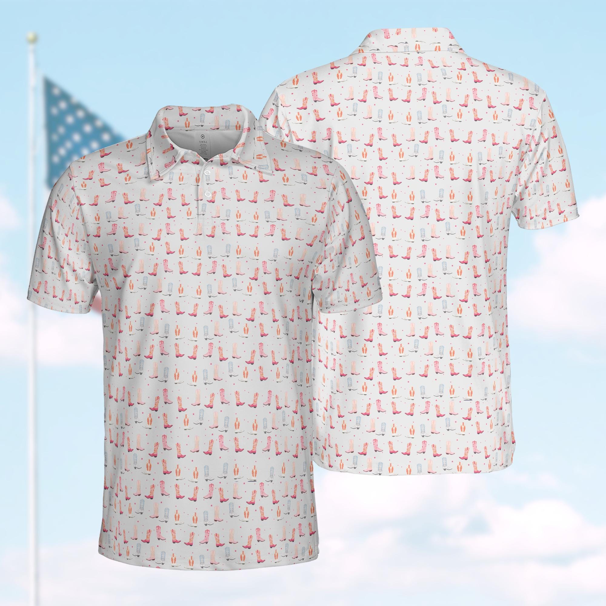 Women's Polo Shirt with Cowgirl Boots and Western Print