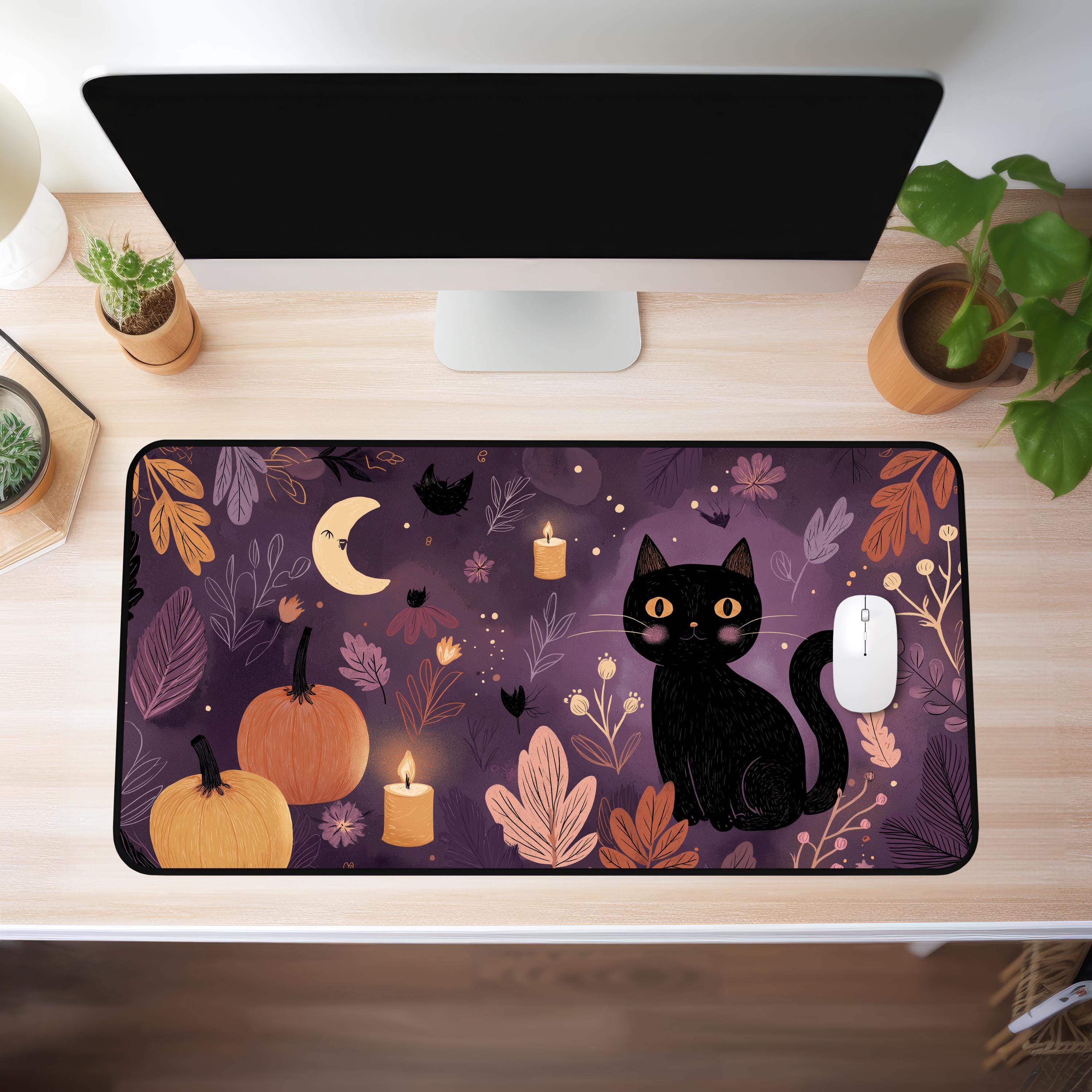 XXL Halloween Mouse Pad Black Cat Mouse Pad Pumpkins Autumn Leaves Moon Large Desk Mat Halloween Desk Mat Fall Office Decor