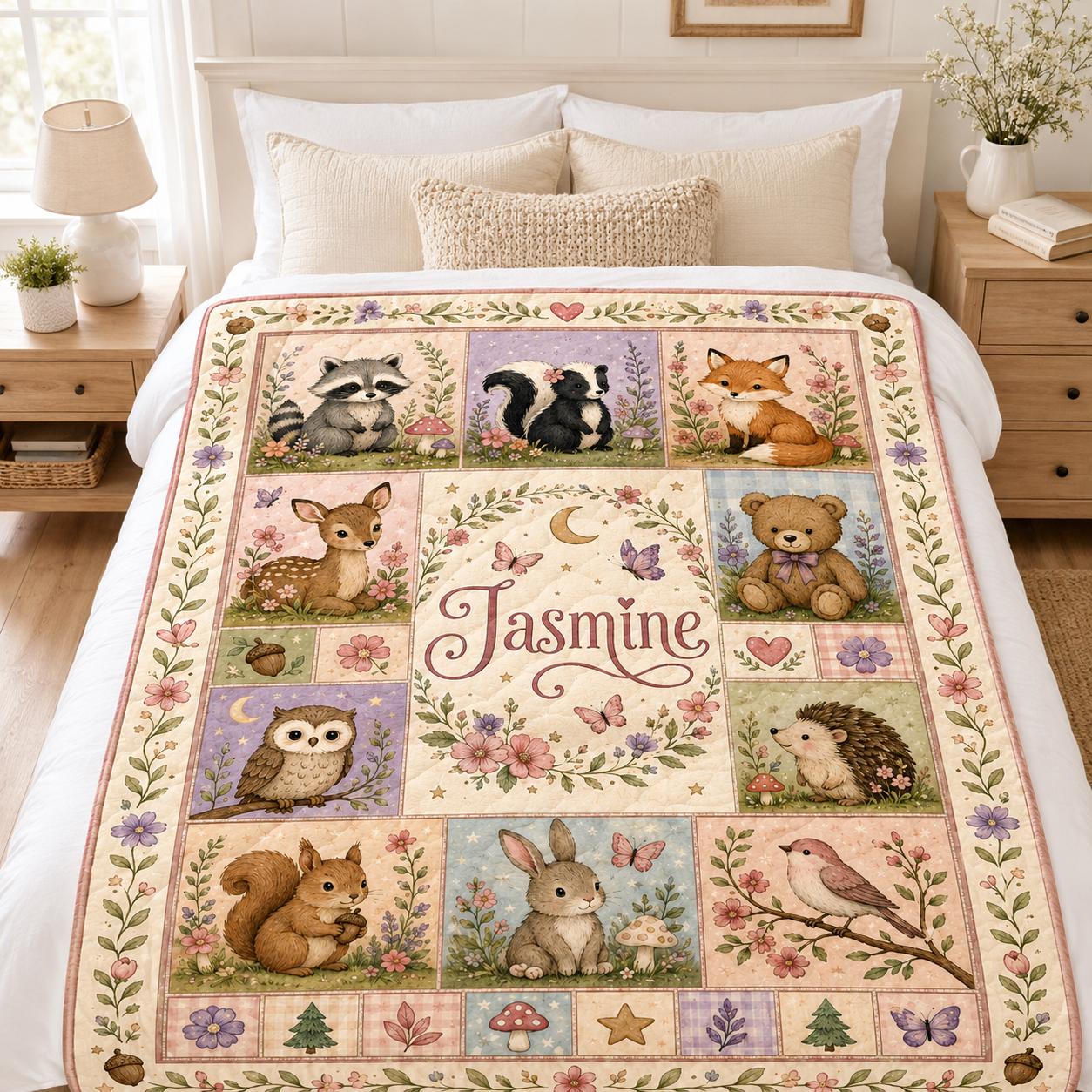 Personalized Woodland Animals Quilt Blanket, Custom Name Floral Patchwork Baby Nursery Throw, Cottagecore Forest Animal Quilt
