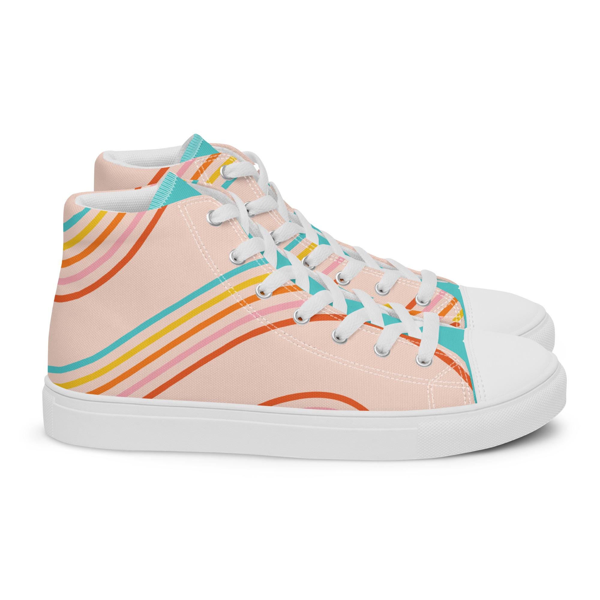 Retro Rainbow High Top Sneakers, Blue Pink Colorblock, Men's and Women's Streetwear