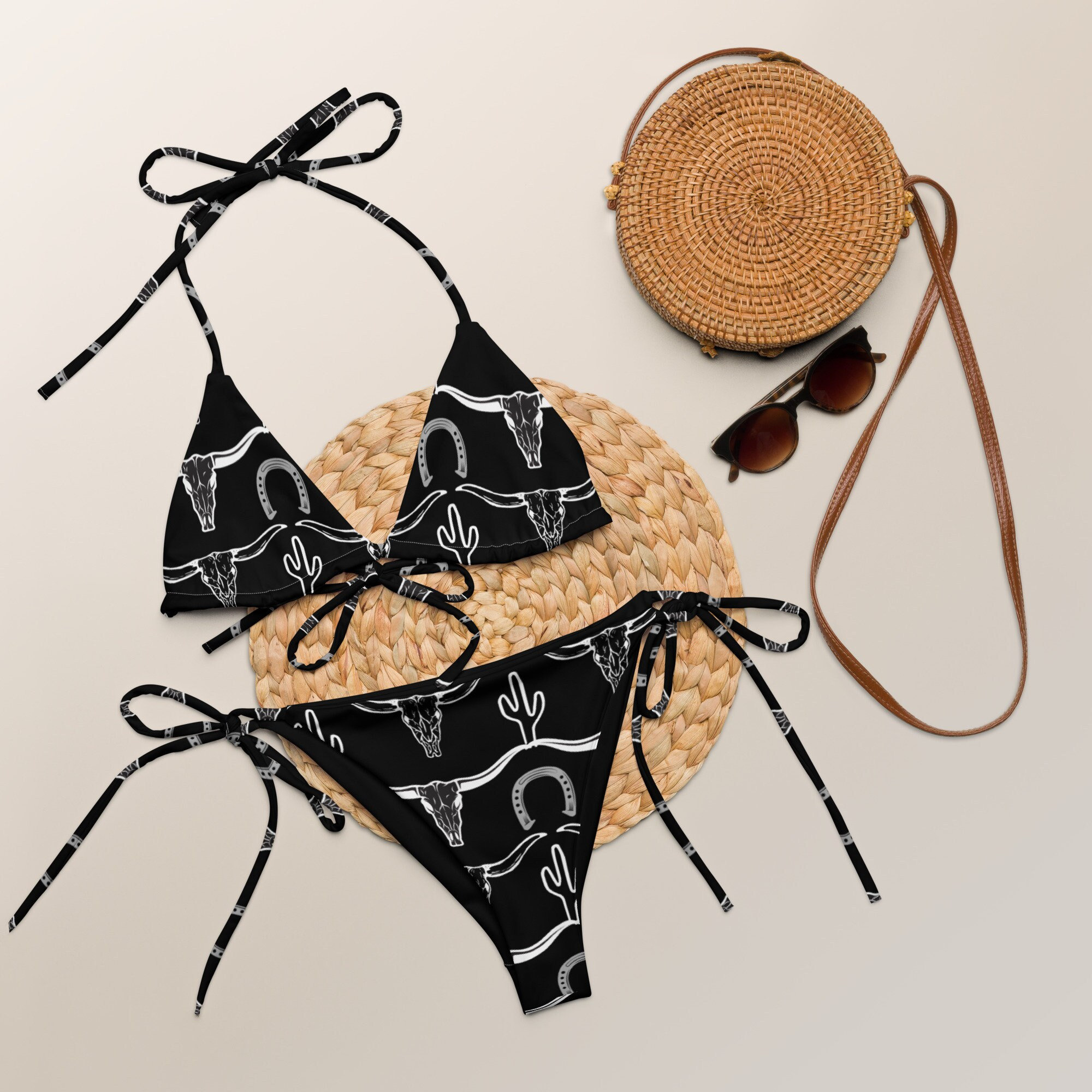 Longhorn Skull Recycled String Bikini Set, Cactus Western Bikini Set, Cowgirl Bathing Suit, Trendy Swimwear, Vacation Cowgirl Boots Bikini