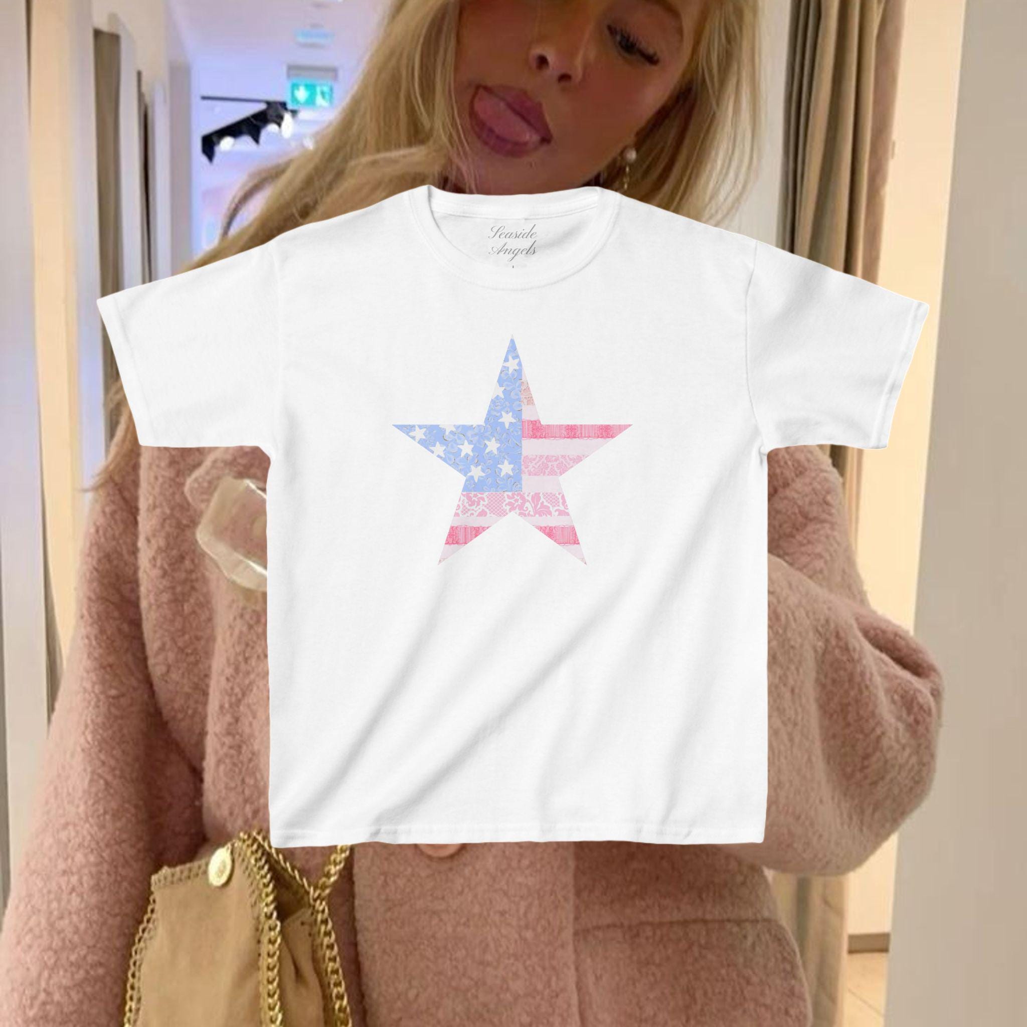 Lace American Flag Star Baby Tee, Preppy Aesthetic Baby Tee, Trendy Stockholm Style Baby Tee