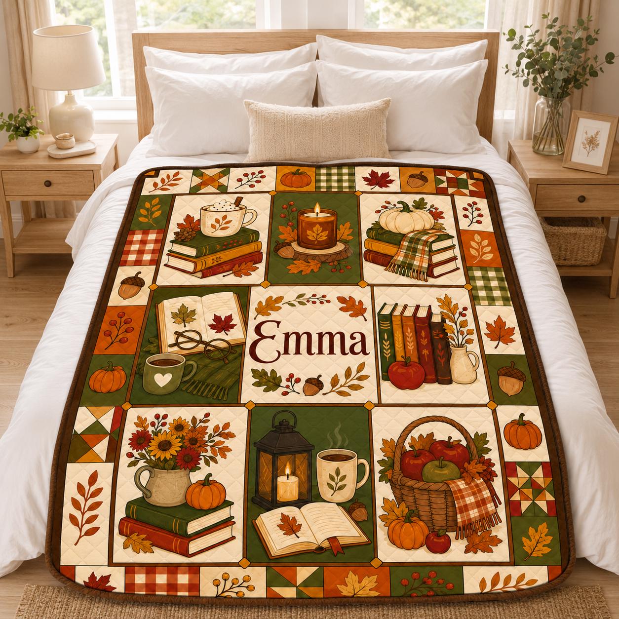 Personalized Fall Quilt Blanket, Custom Autumn Patchwork Throw, Pumpkin Book Lover Quilt, Cozy Thanksgiving Home Decor