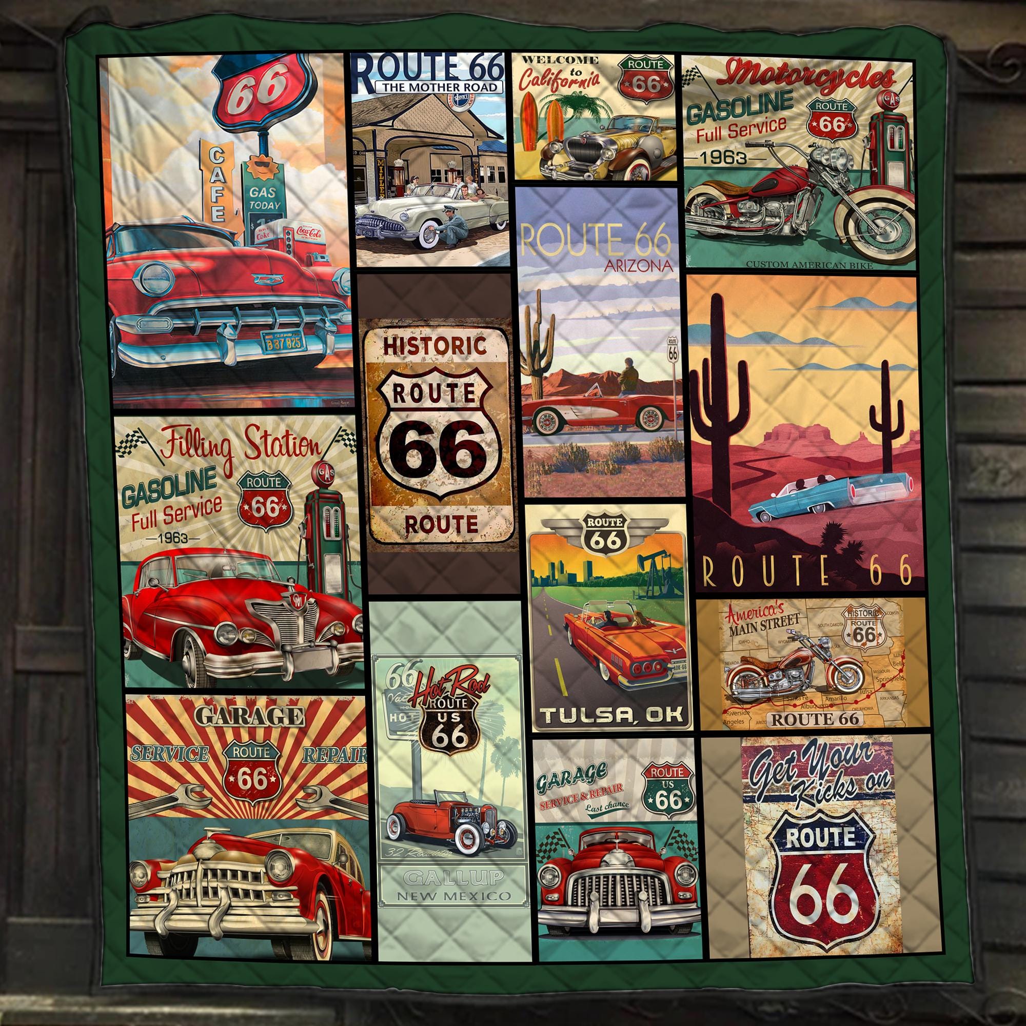 Route 66 Collage Quilt, Retro Car Desert Highway Blanket