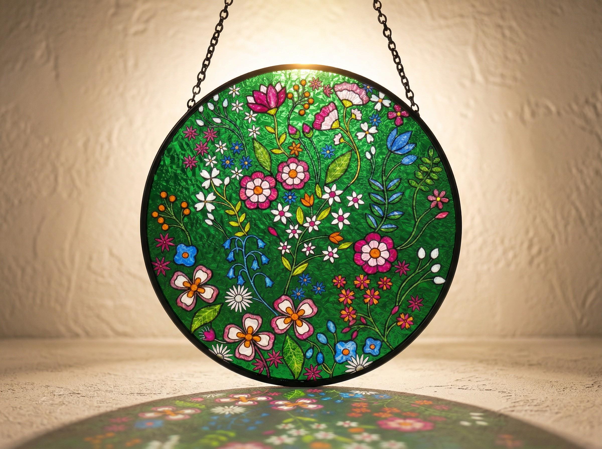 Forest Emerald Suncatcher Embroidered-Style Floral Window Hanging Boho Folk Art Gift