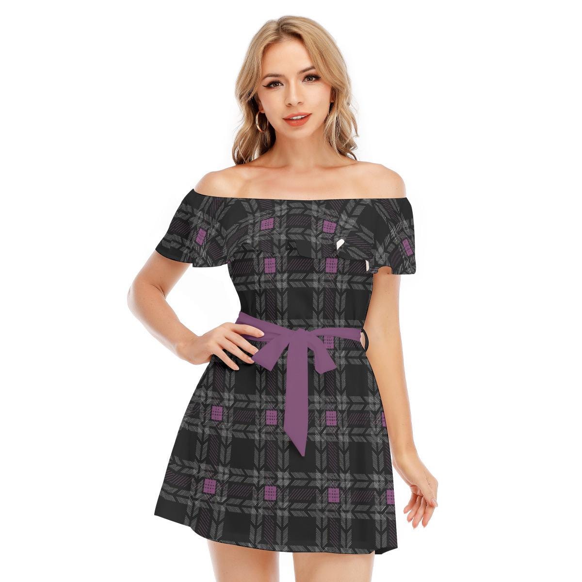 Off Shoulder Chiffon Dress with Belt Elegant Plaid Summer Dress for Women