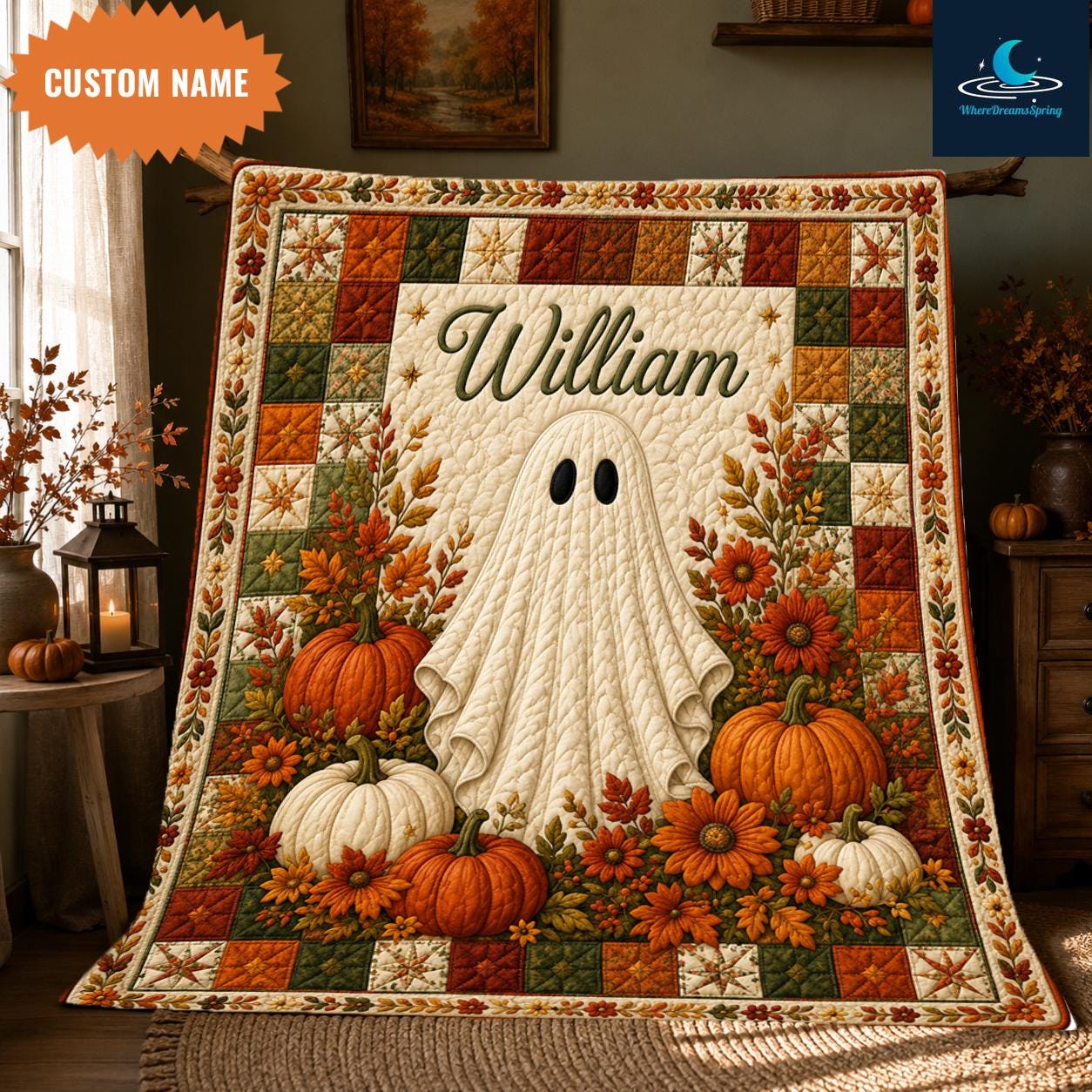 Personalized Halloween Ghost Pumpkin Quilt Blanket, Custom Fall Floral Bedding