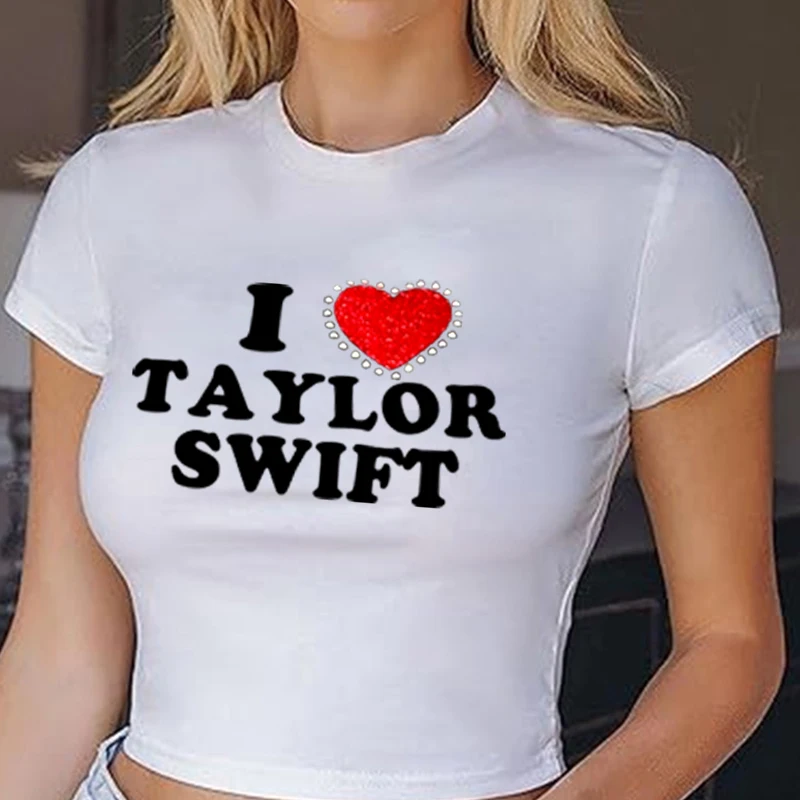 I Love Taylors Sparkling Rhinestone Print Crop Top, Hot Girl Sexy T-Shirt, 2000 Fashion, Casual Short Sleeve High Street, Streetwear