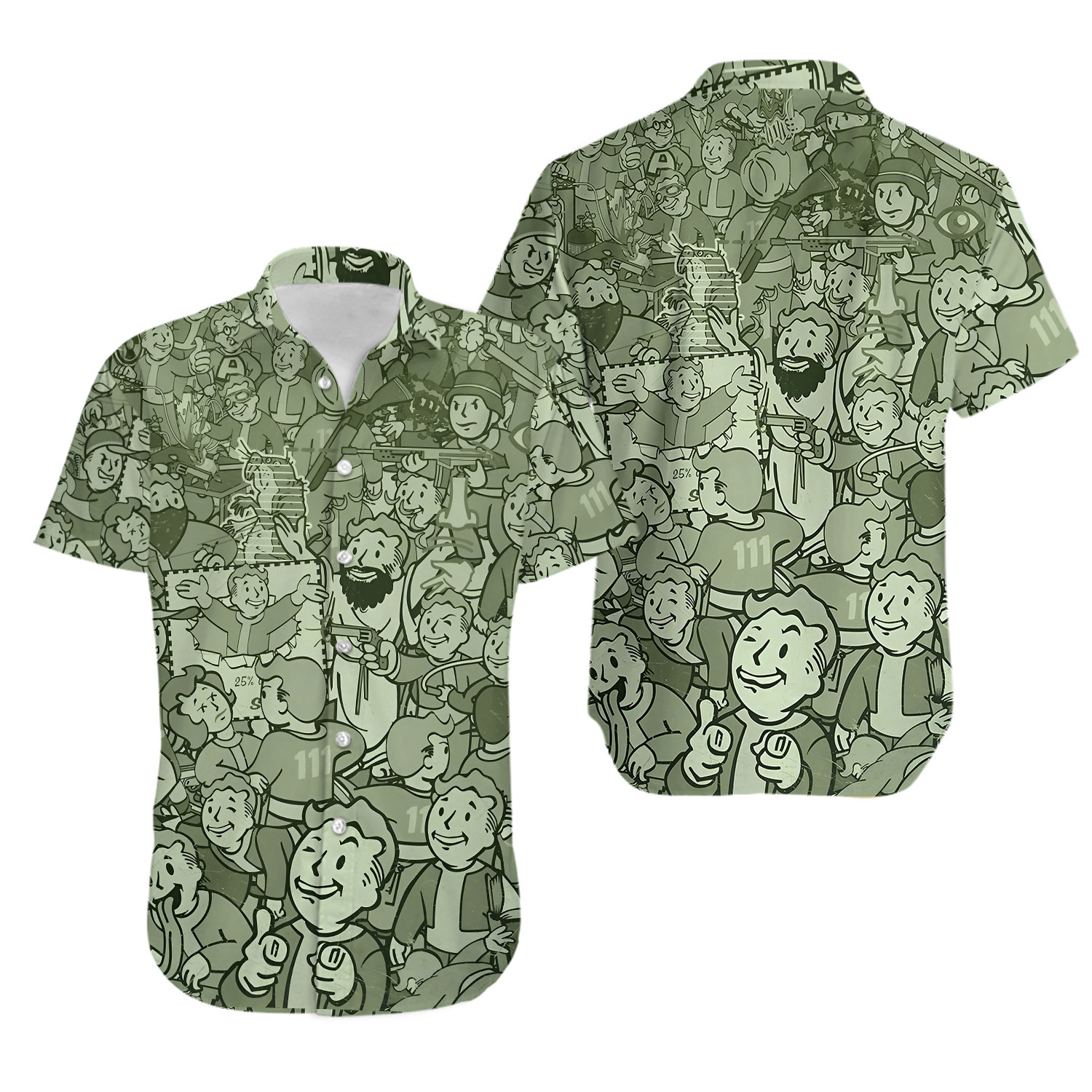 Geeksoutfit Vault Boy Green Button Up Pocket Shirt for Men Women, Funny Gaming Aloha Shirt, Casual Short Sleeve Summer Top
