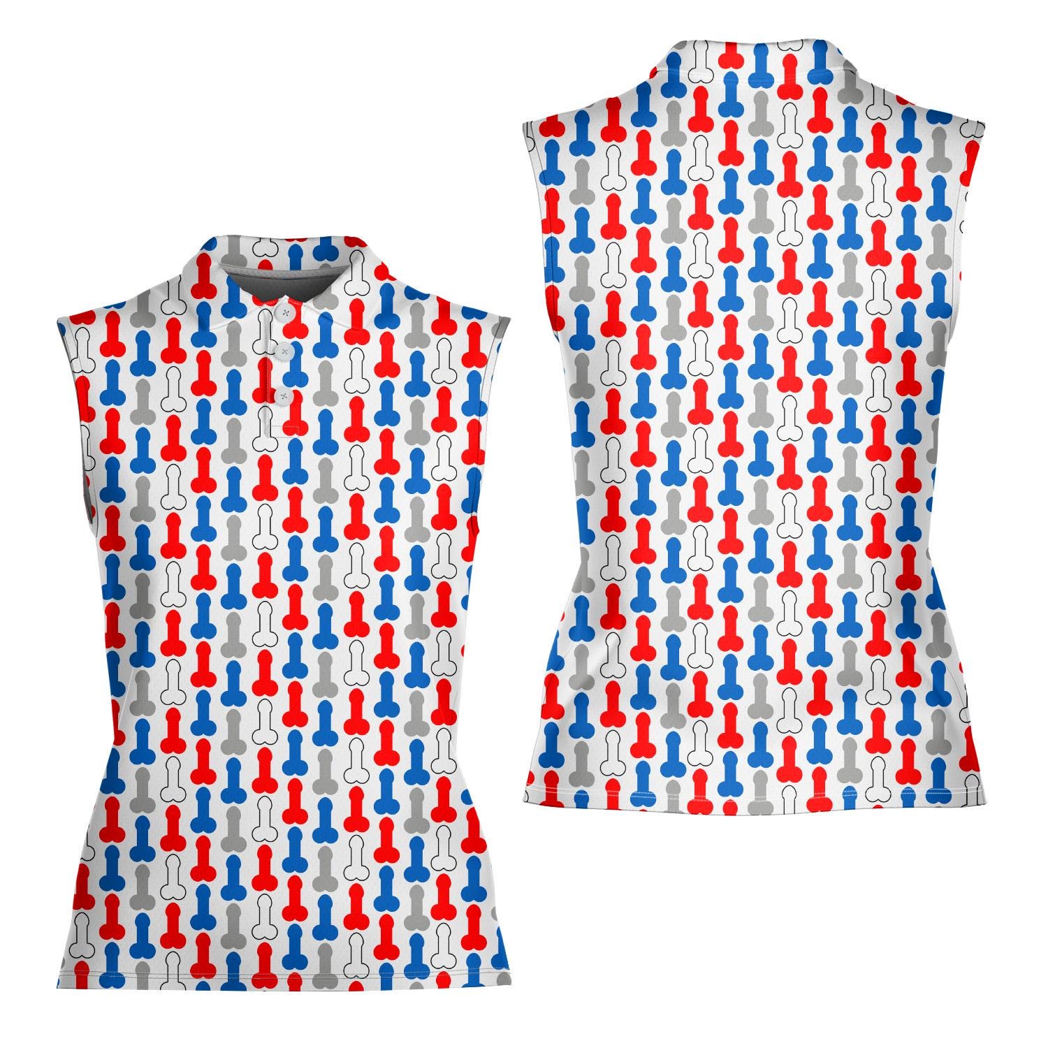 Women's Sleeveless Patriotic Polo Shirt with Red and Blue Print, 4th of July Gag Gift