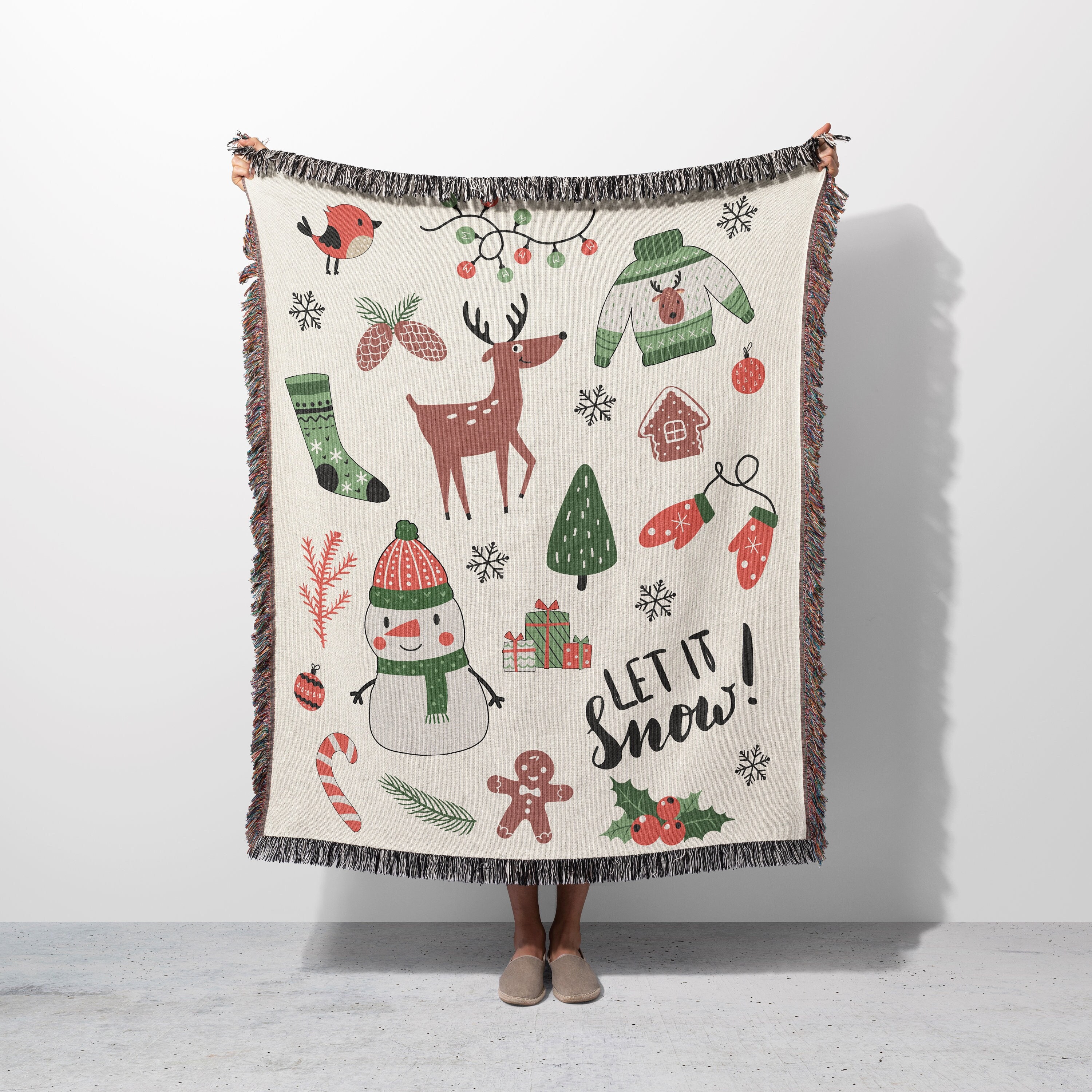 Christmas Blanket, Cute Woven Cotton Throw for Winter Decor, Gift for Him Her Mom Dad, Grandparents, Holiday Cozy Decor, Xmas Gift