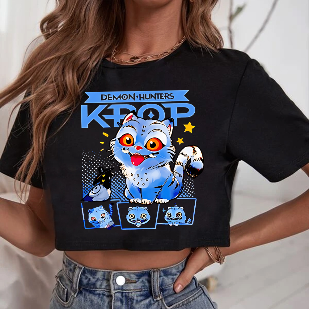 Cute Tiger Graphic Crop Top for Women - K-pop Anime Demon Hunter Design, Short Sleeve T-shirt