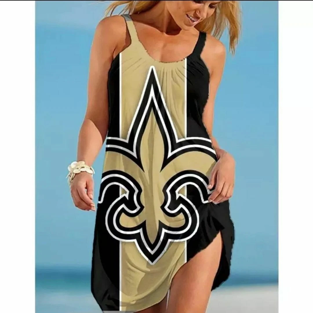 New Orleans Saints Women's Gold and Black Fleur De Lis Casual Midi Sun Dress
