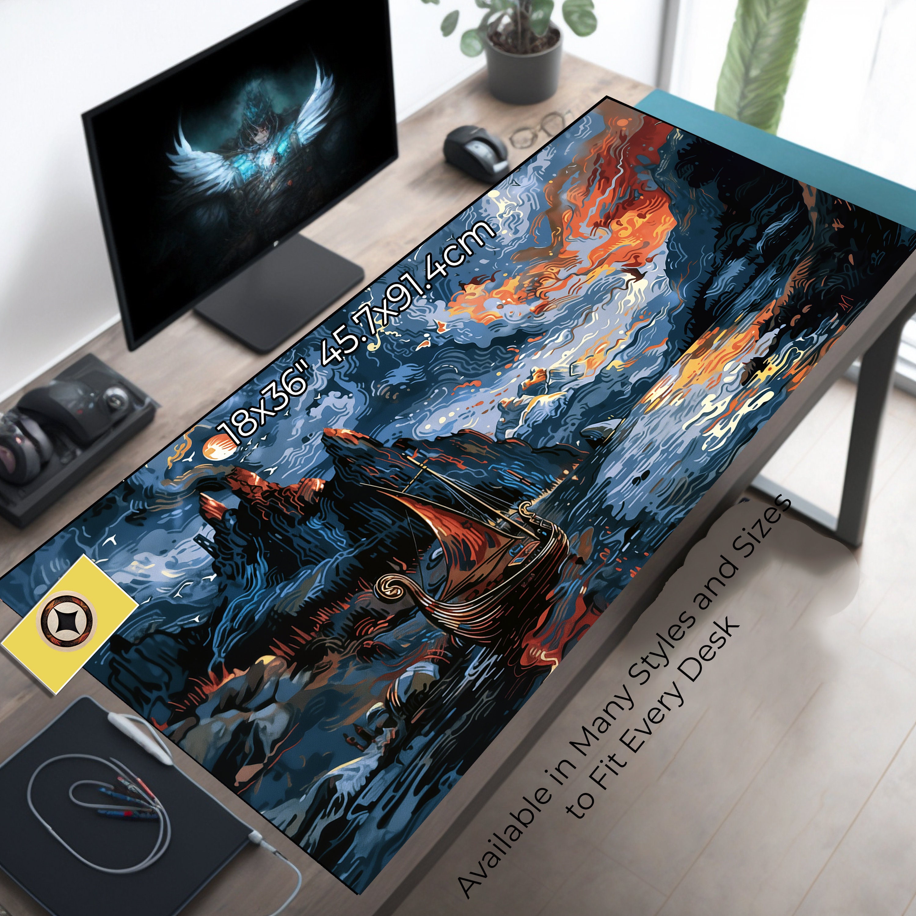 Viking Desk Mat, Longboat Passing Through Fjord, Mouse Pad, Gaming Playmat, Laptop Mat