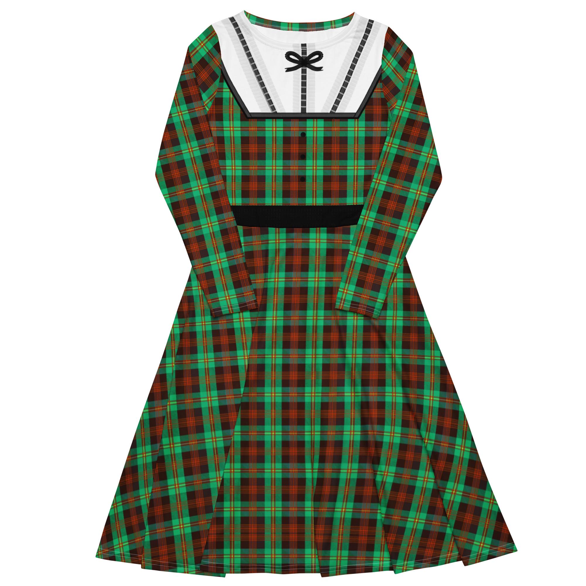 Green Plaid Christmas Midi Dress for Women Addy Walker Inspired Holiday Costume Vintage Style Long Sleeve