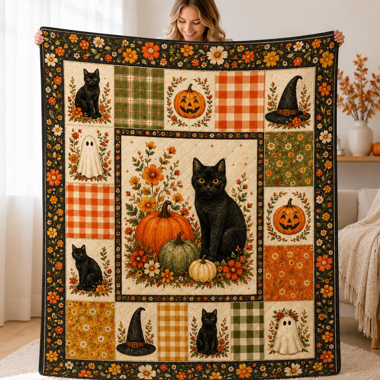 Halloween Black Cat Quilted Blanket, Vintage Floral Ghost Pumpkin Patchwork Throw, Cozy Autumn Farmhouse Bedding