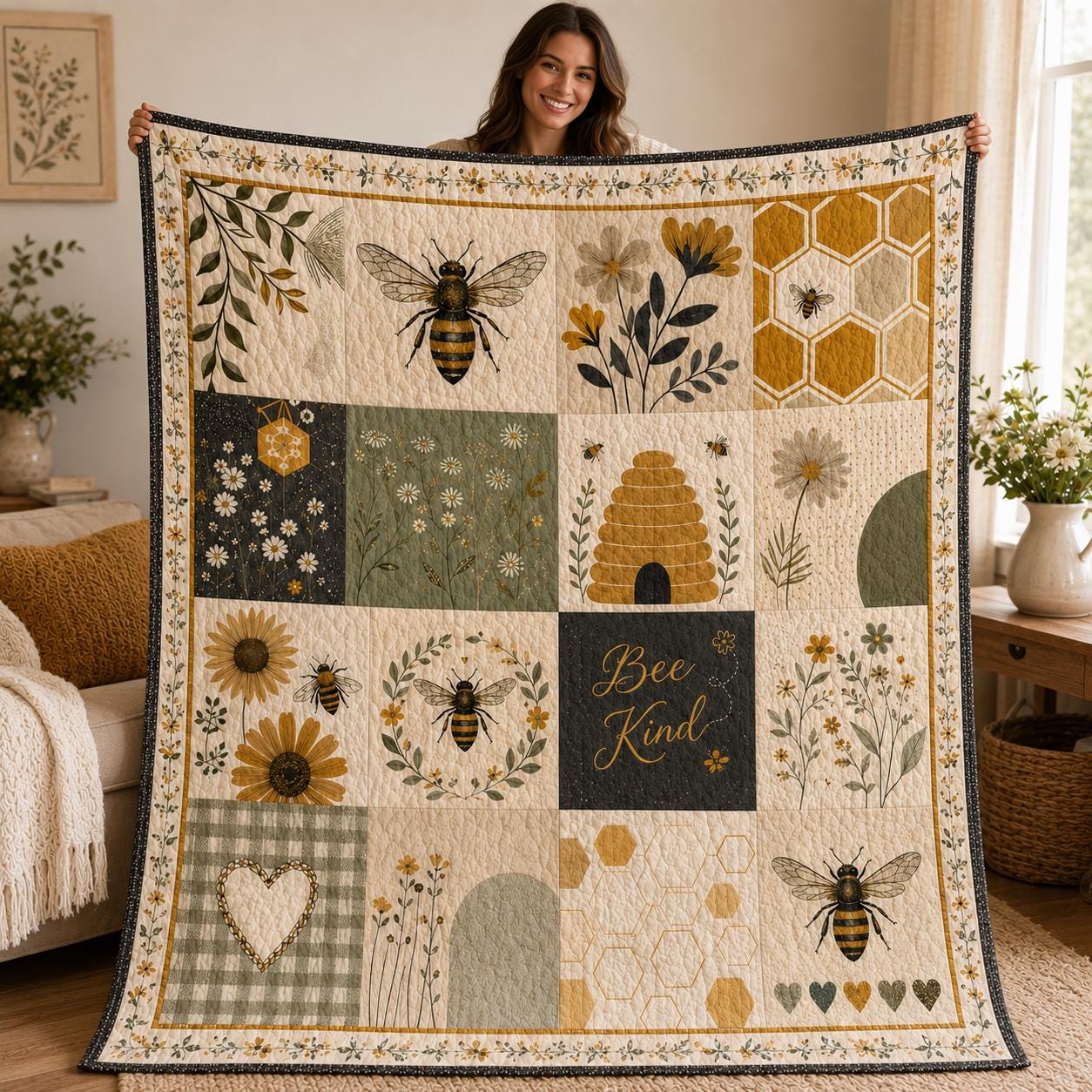 Bee Kind Quilt Blanket, Honey Bee Floral Patchwork, Sunflower Honeycomb Cottagecore Blanket, Farmhouse Garden Decor Gift for Her